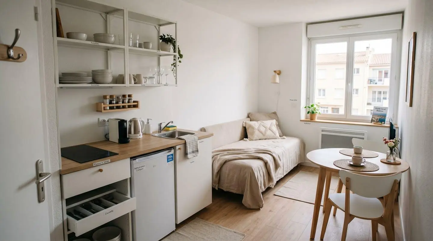 Intérieur d'un studio meublé de tourisme de 20 m² à Balaruc-les-Bains avec coin cuisine équipé, lit et table, décoration épurée tons clairs et lumière naturelle
