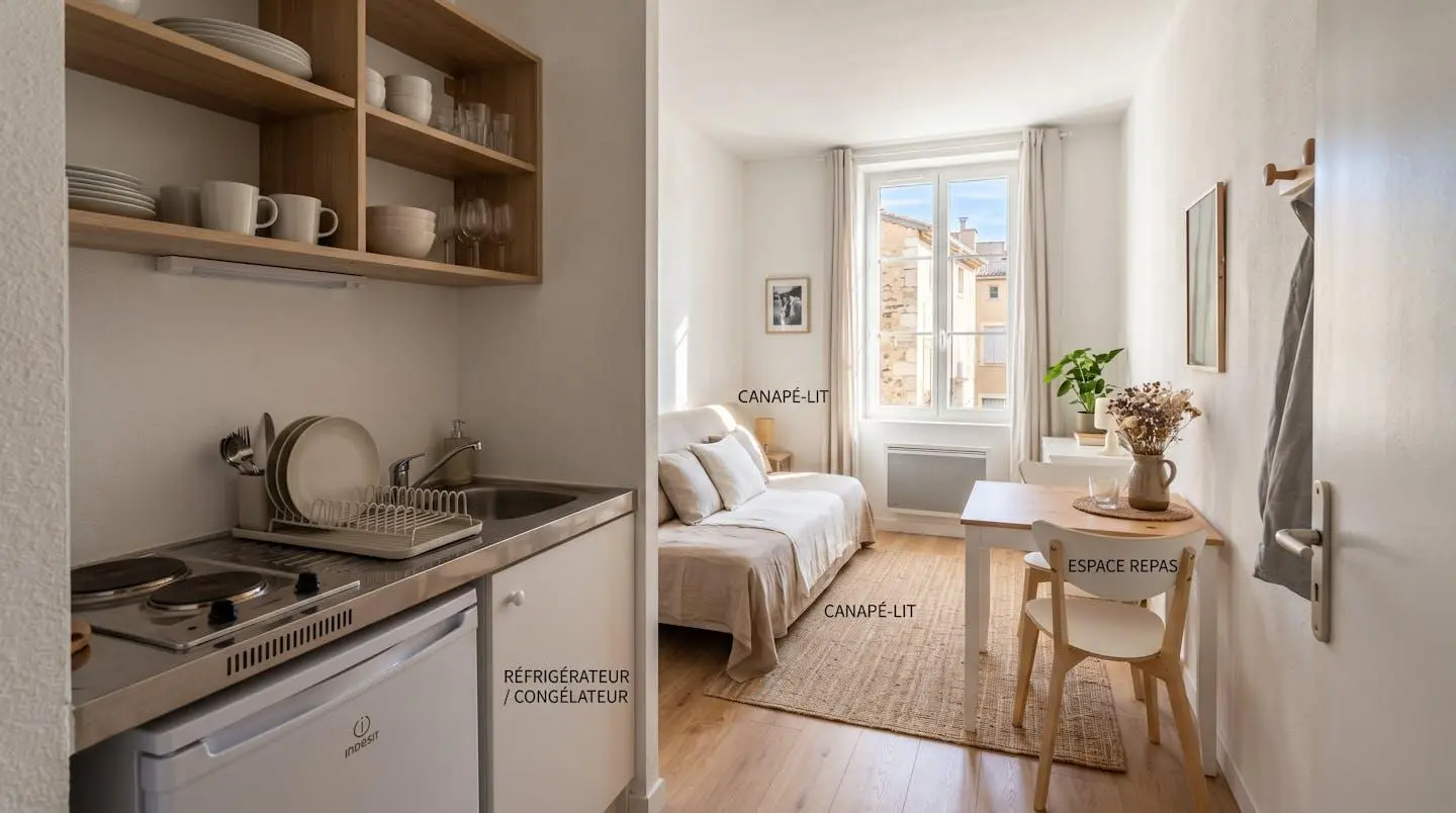 Intérieur d'un studio meublé de tourisme de 20 m² à Balaruc-les-Bains avec coin cuisine équipé, lit et table, décoration épurée tons clairs et lumière naturelle