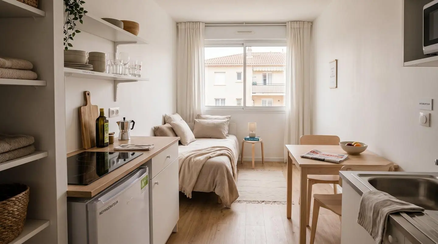 Intérieur d'un studio meublé de tourisme de 20 m² à Balaruc-les-Bains avec coin cuisine équipé, lit et table, décoration épurée tons clairs et lumière naturelle