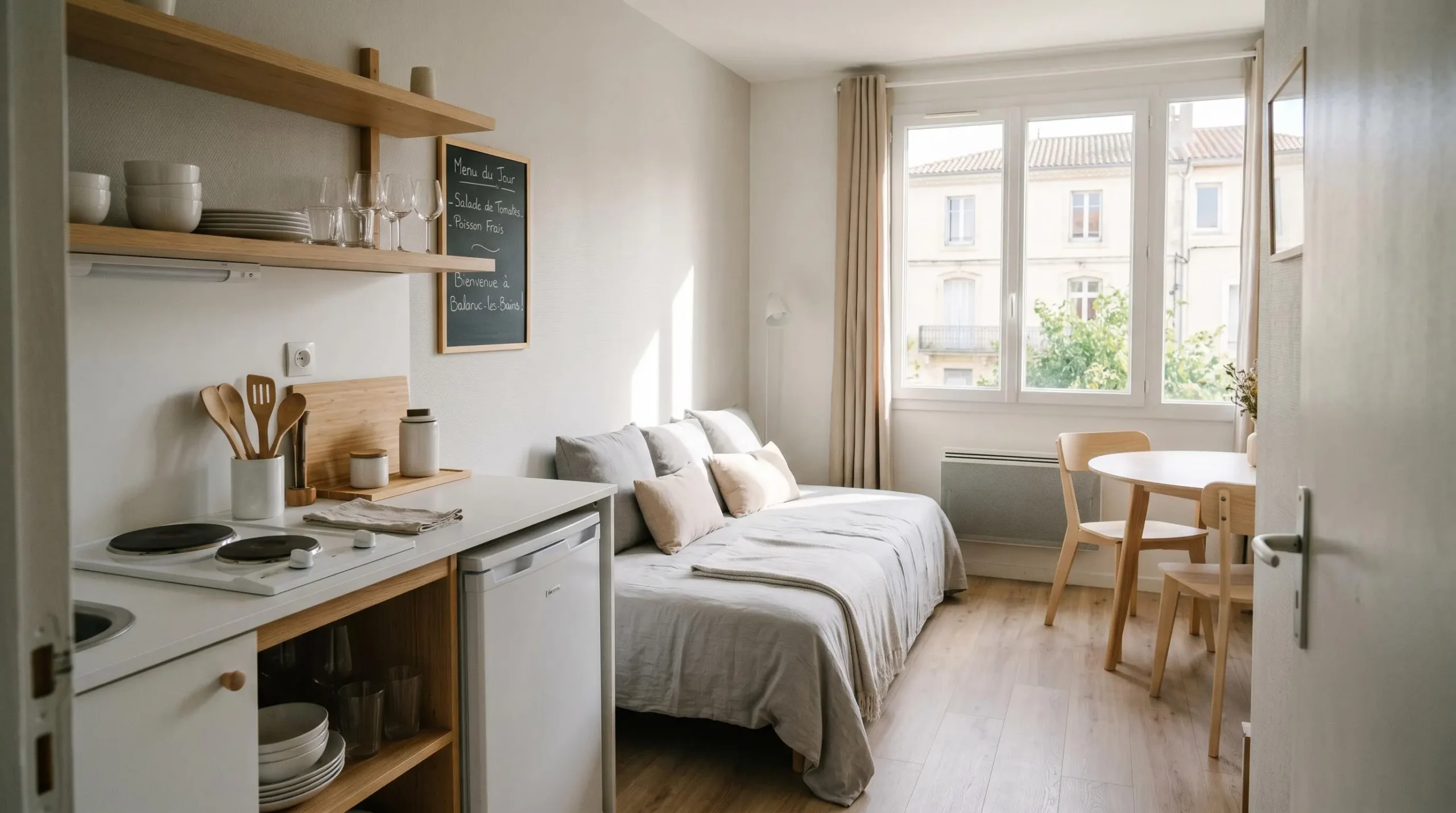 Intérieur d'un studio meublé de tourisme de 20 m² à Balaruc-les-Bains avec coin cuisine équipé, lit et table, décoration épurée tons clairs et lumière naturelle