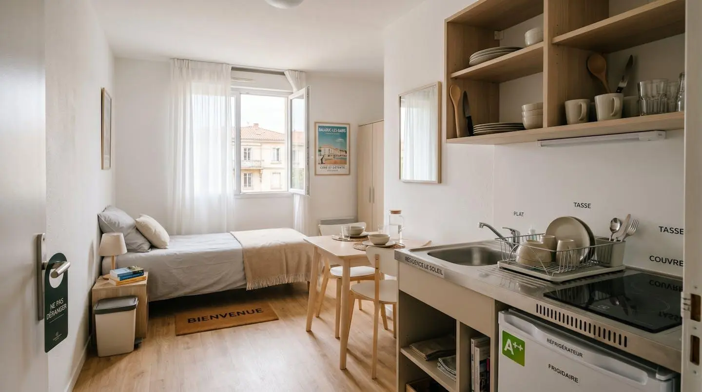 Intérieur d'un studio meublé de tourisme de 20 m² à Balaruc-les-Bains avec coin cuisine équipé, lit et table, décoration épurée tons clairs et lumière naturelle