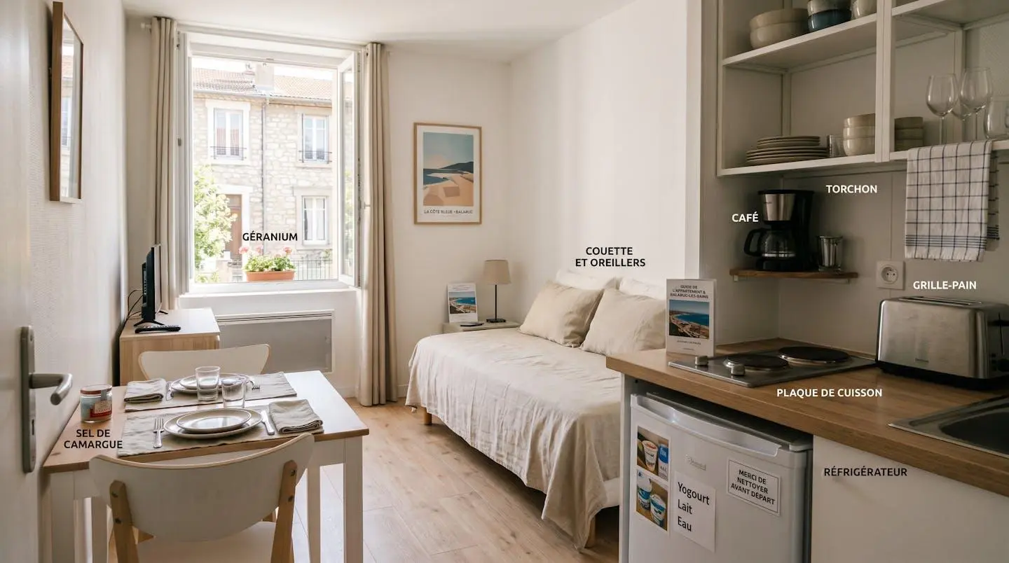Intérieur d'un studio meublé de tourisme de 20 m² à Balaruc-les-Bains avec coin cuisine équipé, lit et table, décoration épurée tons clairs et lumière naturelle