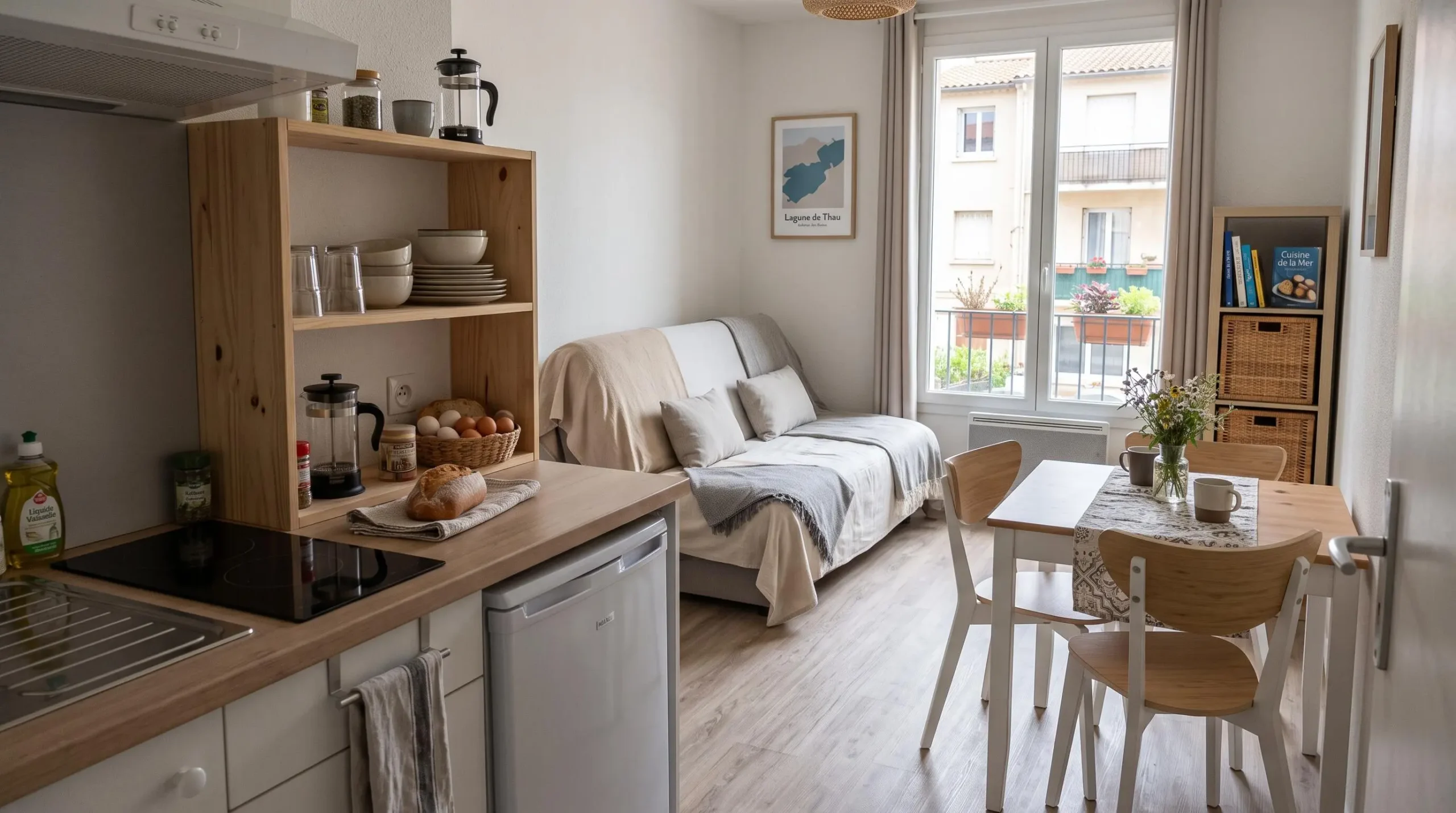 Intérieur d'un studio meublé de tourisme de 20 m² à Balaruc-les-Bains avec coin cuisine équipé, lit et table, décoration épurée tons clairs et lumière naturelle