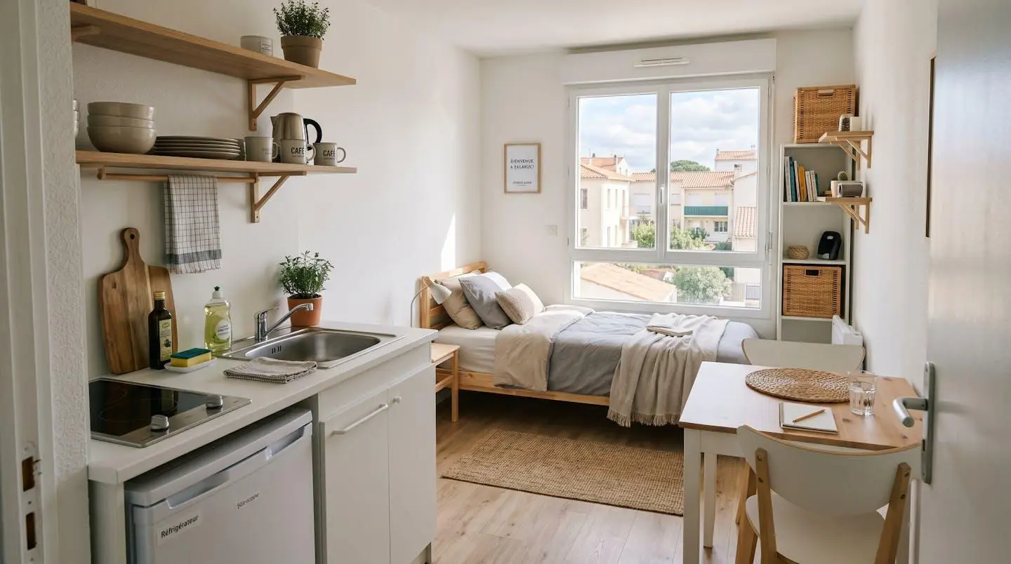 Intérieur d'un studio meublé de tourisme de 20 m² à Balaruc-les-Bains avec coin cuisine équipé, lit et table, décoration épurée tons clairs et lumière naturelle