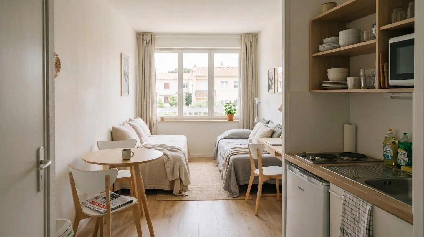 Intérieur d'un studio meublé de tourisme de 20 m² à Balaruc-les-Bains avec coin cuisine équipé, lit et table, décoration épurée tons clairs et lumière naturelle