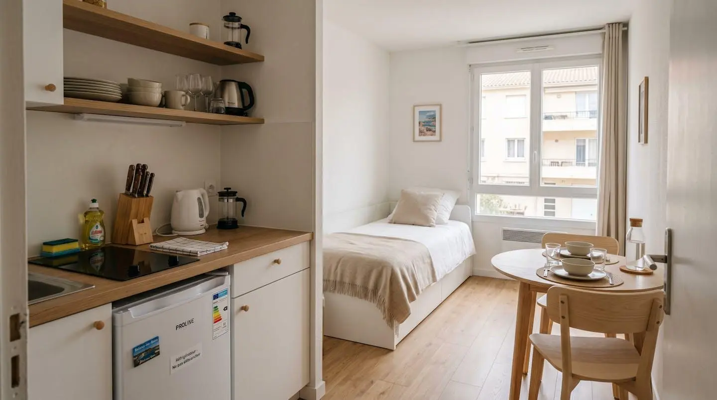 Intérieur d'un studio meublé de tourisme de 20 m² à Balaruc-les-Bains avec coin cuisine équipé, lit et table, décoration épurée tons clairs et lumière naturelle