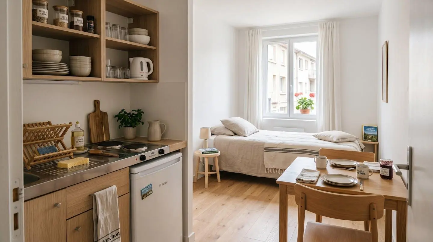 Intérieur d'un studio meublé de tourisme de 20 m² à Balaruc-les-Bains avec coin cuisine équipé, lit et table, décoration épurée tons clairs et lumière naturelle