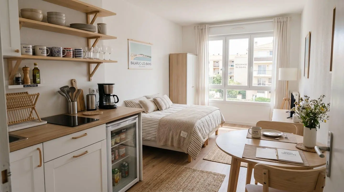 Intérieur d'un studio meublé de tourisme de 20 m² à Balaruc-les-Bains avec coin cuisine équipé, lit et table, décoration épurée tons clairs et lumière naturelle