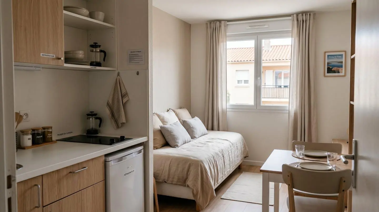 Intérieur d'un studio meublé de tourisme de 20 m² à Balaruc-les-Bains avec coin cuisine équipé, lit et table, décoration épurée tons clairs et lumière naturelle