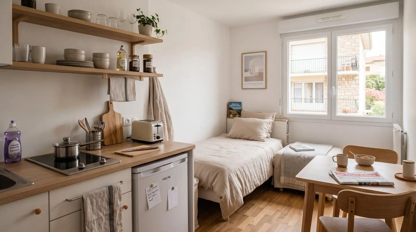 Intérieur d'un studio meublé de tourisme de 20 m² à Balaruc-les-Bains avec coin cuisine équipé, lit et table, décoration épurée tons clairs et lumière naturelle