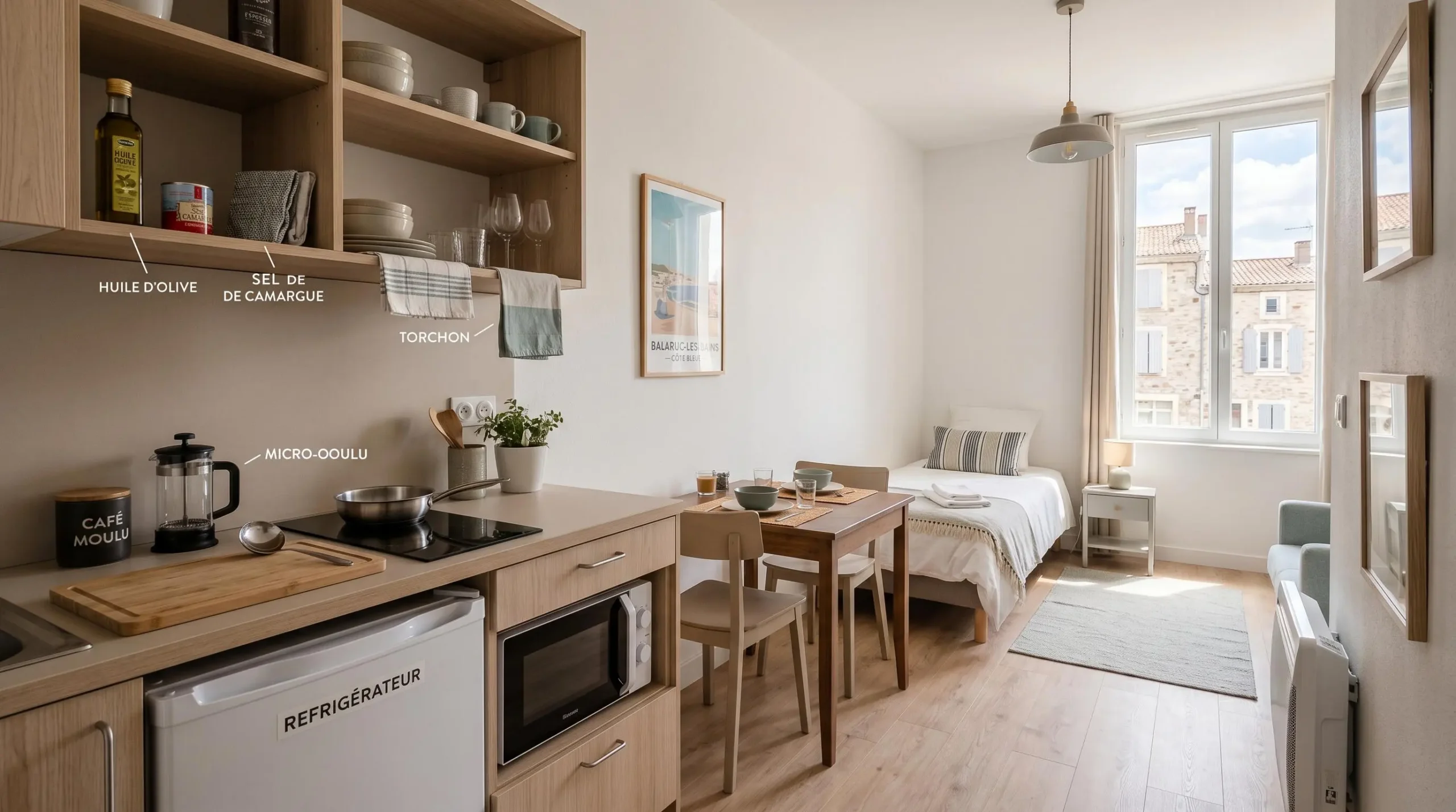 Intérieur d'un studio meublé de tourisme de 20 m² à Balaruc-les-Bains avec coin cuisine équipé, lit et table, décoration épurée tons clairs et lumière naturelle