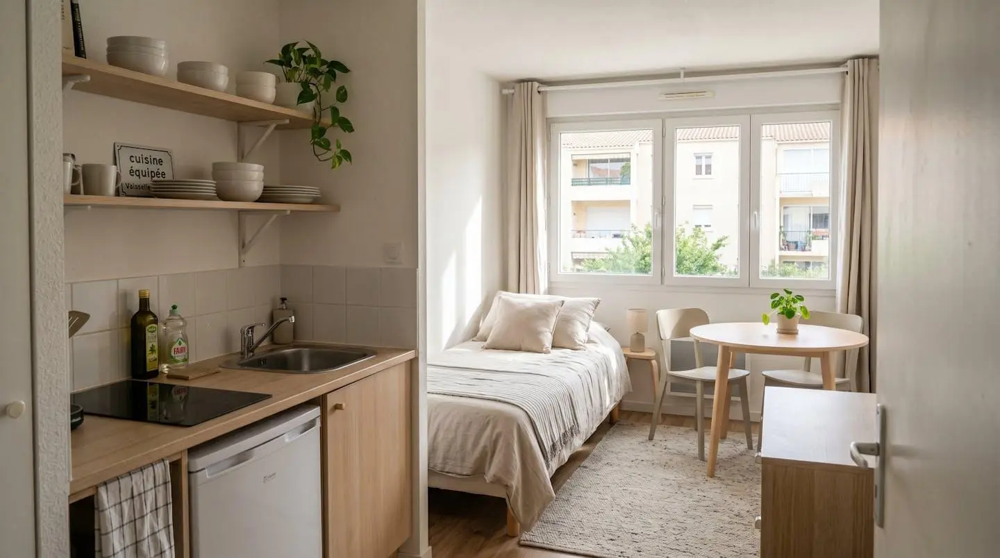 Intérieur d'un studio meublé de tourisme de 20 m² à Balaruc-les-Bains avec coin cuisine équipé, lit et table, décoration épurée tons clairs et lumière naturelle