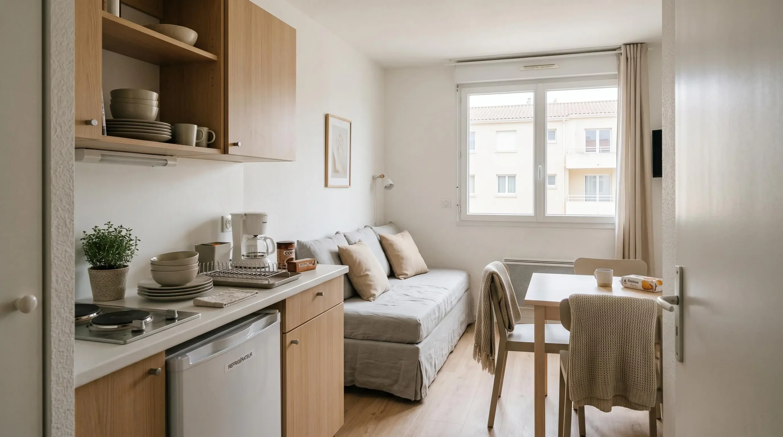 Intérieur d'un studio meublé de tourisme de 20 m² à Balaruc-les-Bains avec coin cuisine équipé, lit et table, décoration épurée tons clairs et lumière naturelle