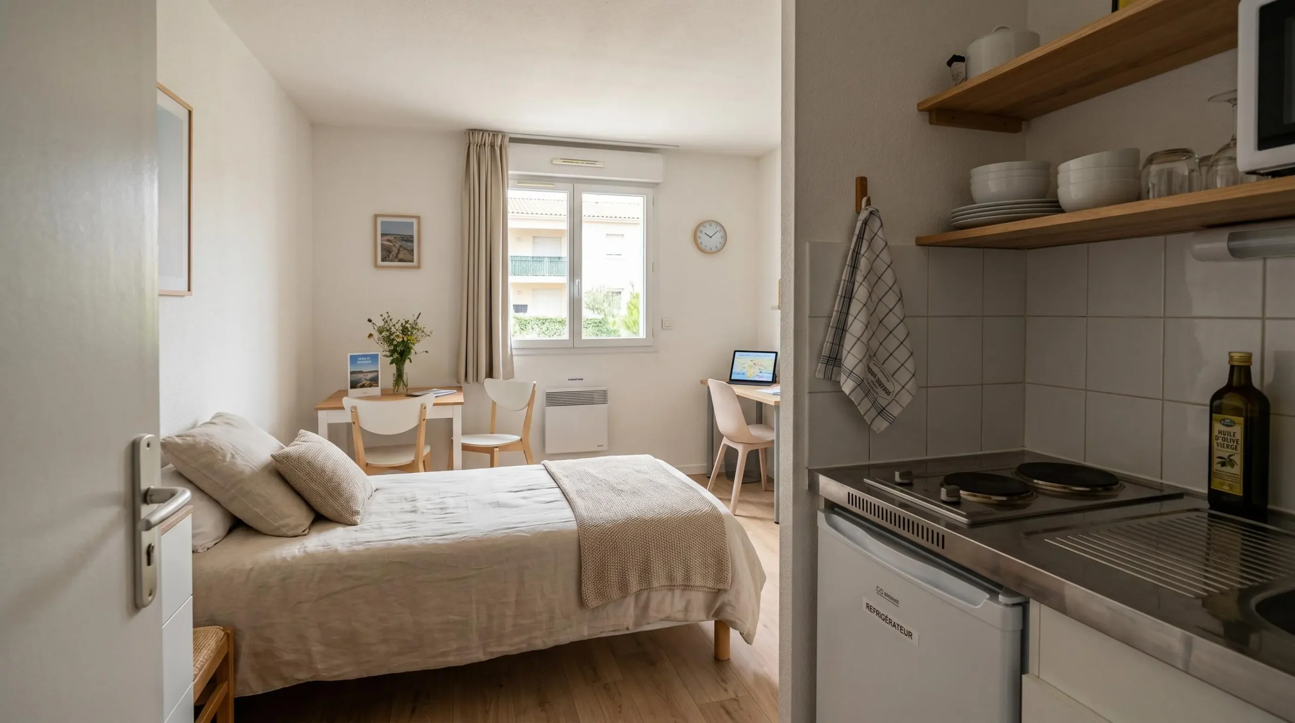 Intérieur d'un studio meublé de tourisme de 20 m² à Balaruc-les-Bains avec coin cuisine équipé, lit et table, décoration épurée tons clairs et lumière naturelle