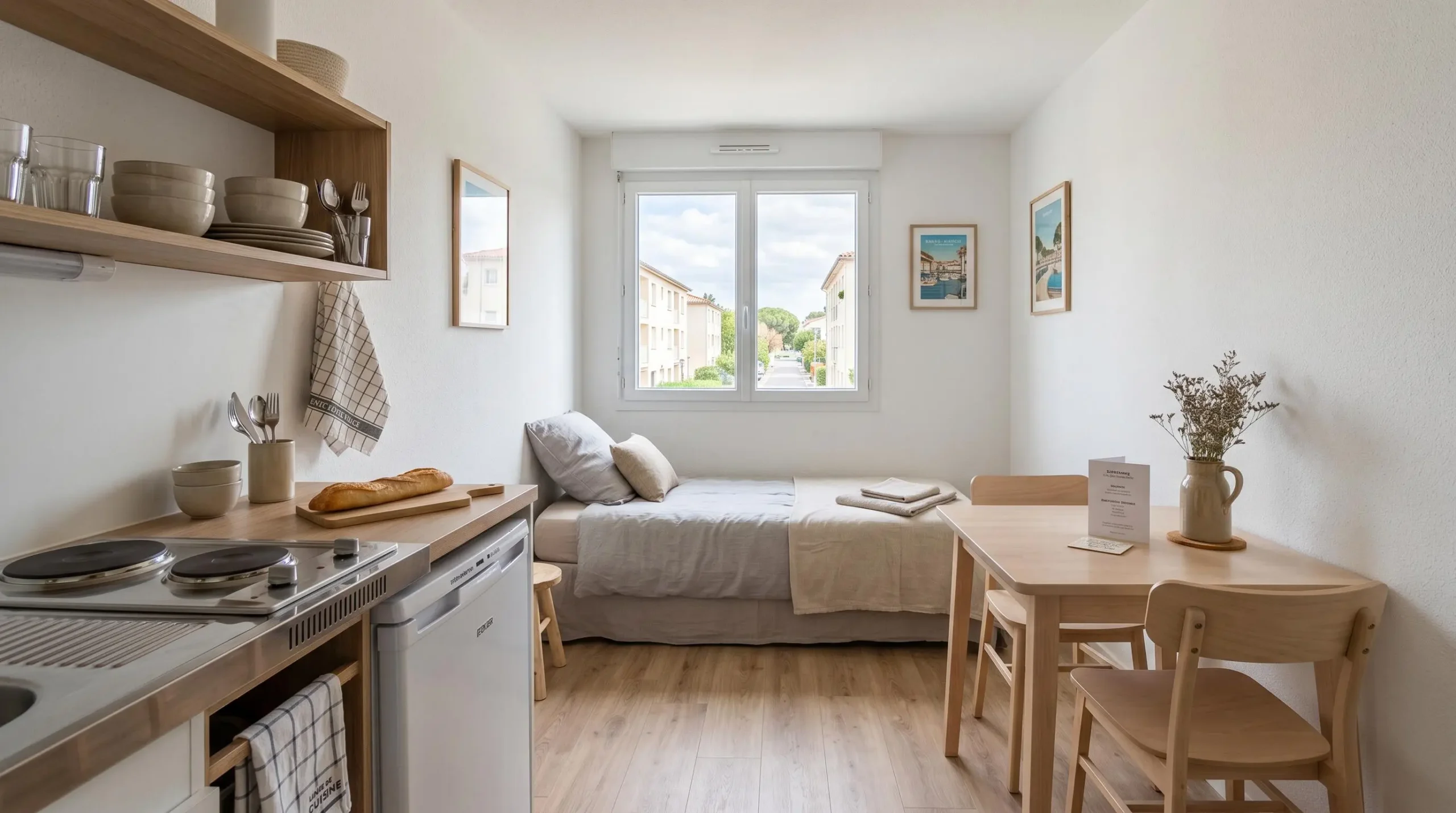 Intérieur d'un studio meublé de tourisme de 20 m² à Balaruc-les-Bains avec coin cuisine équipé, lit et table, décoration épurée tons clairs et lumière naturelle