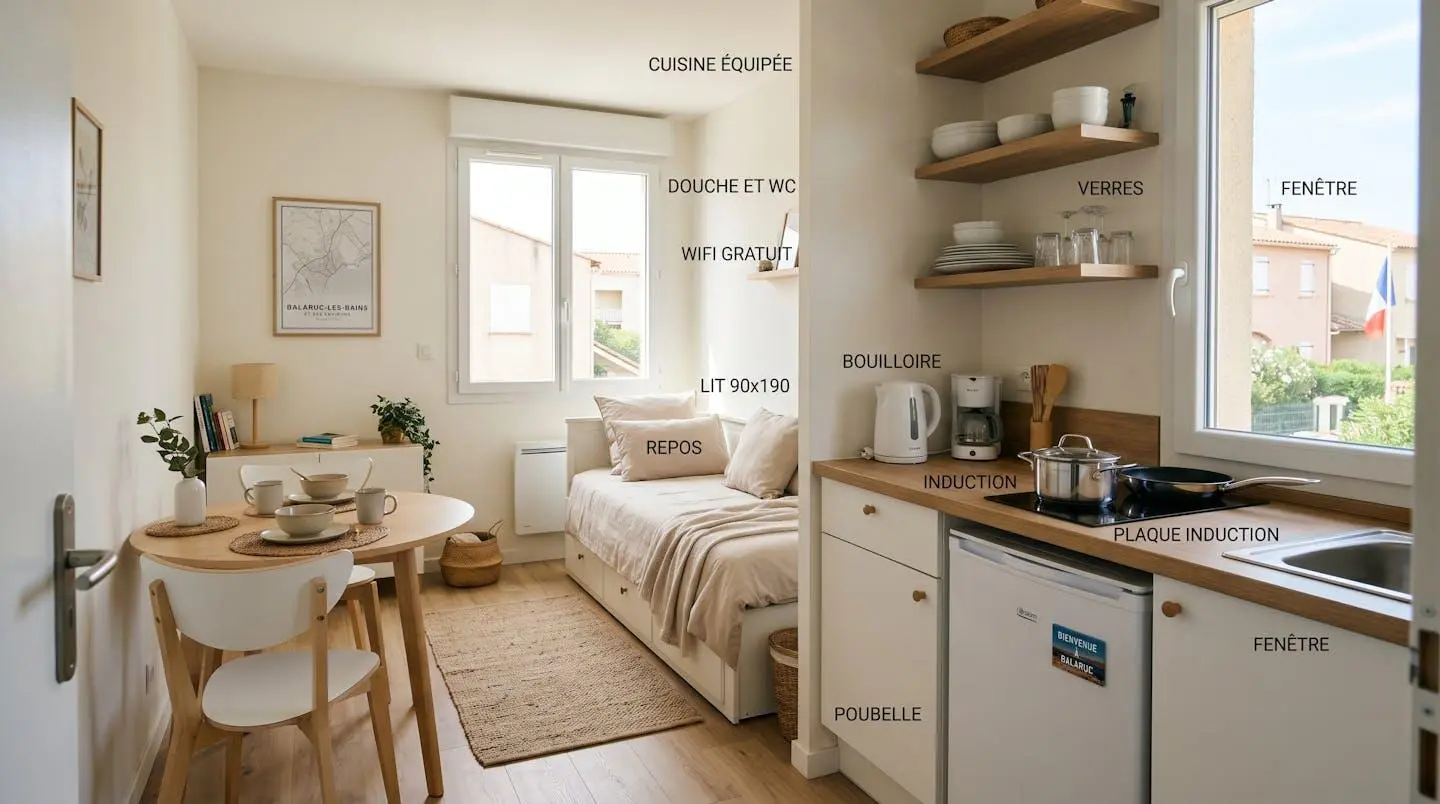 Intérieur d'un studio meublé de tourisme de 20 m² à Balaruc-les-Bains avec coin cuisine équipé, lit et table, décoration épurée tons clairs et lumière naturelle