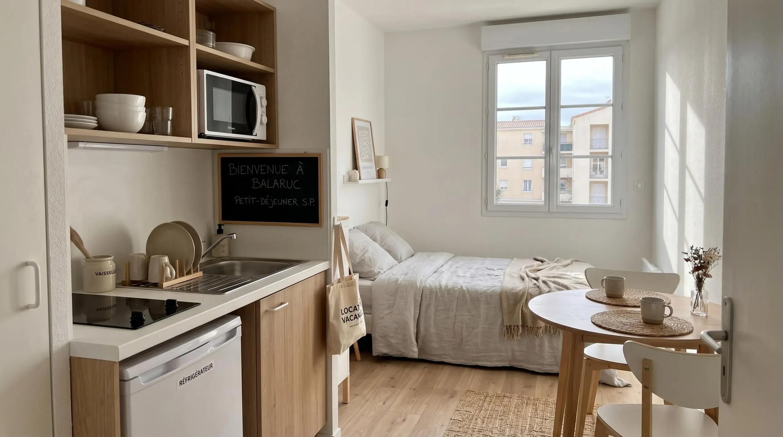 Intérieur d'un studio meublé de tourisme de 20 m² à Balaruc-les-Bains avec coin cuisine équipé, lit et table, décoration épurée tons clairs et lumière naturelle