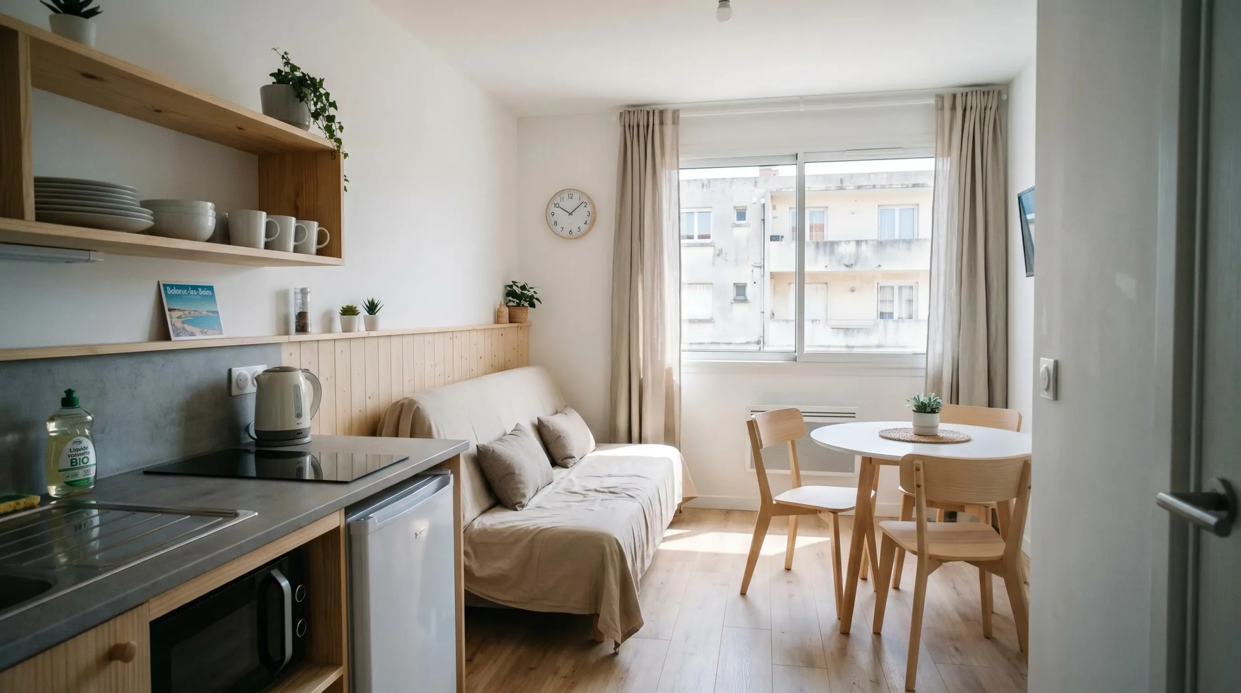 Intérieur d'un studio meublé de tourisme de 20 m² à Balaruc-les-Bains avec coin cuisine équipé, lit et table, décoration épurée tons clairs et lumière naturelle
