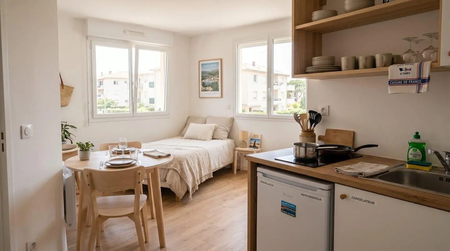 Intérieur d'un studio meublé de tourisme de 20 m² à Balaruc-les-Bains avec coin cuisine équipé, lit et table, décoration épurée tons clairs et lumière naturelle