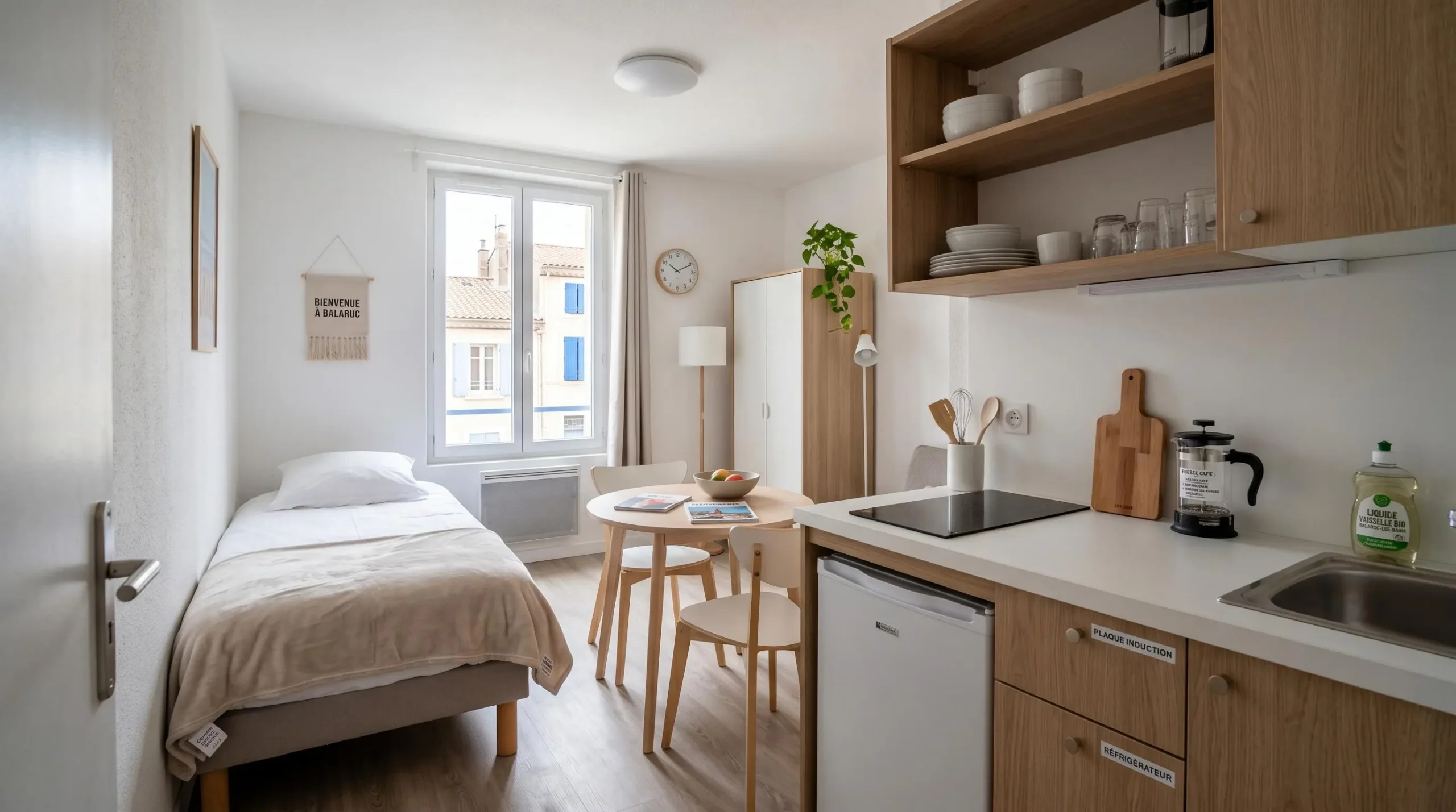 Intérieur d'un studio meublé de tourisme de 20 m² à Balaruc-les-Bains avec coin cuisine équipé, lit et table, décoration épurée tons clairs et lumière naturelle