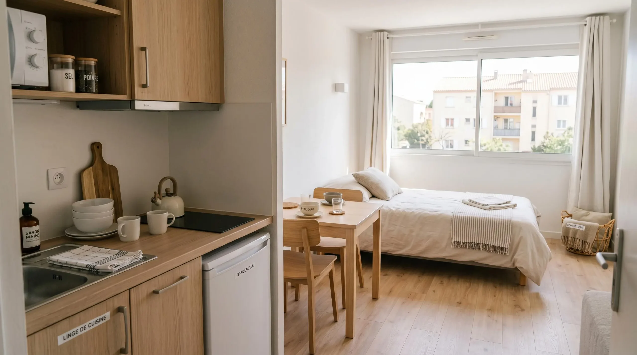 Intérieur d'un studio meublé de tourisme de 20 m² à Balaruc-les-Bains avec coin cuisine équipé, lit et table, décoration épurée tons clairs et lumière naturelle