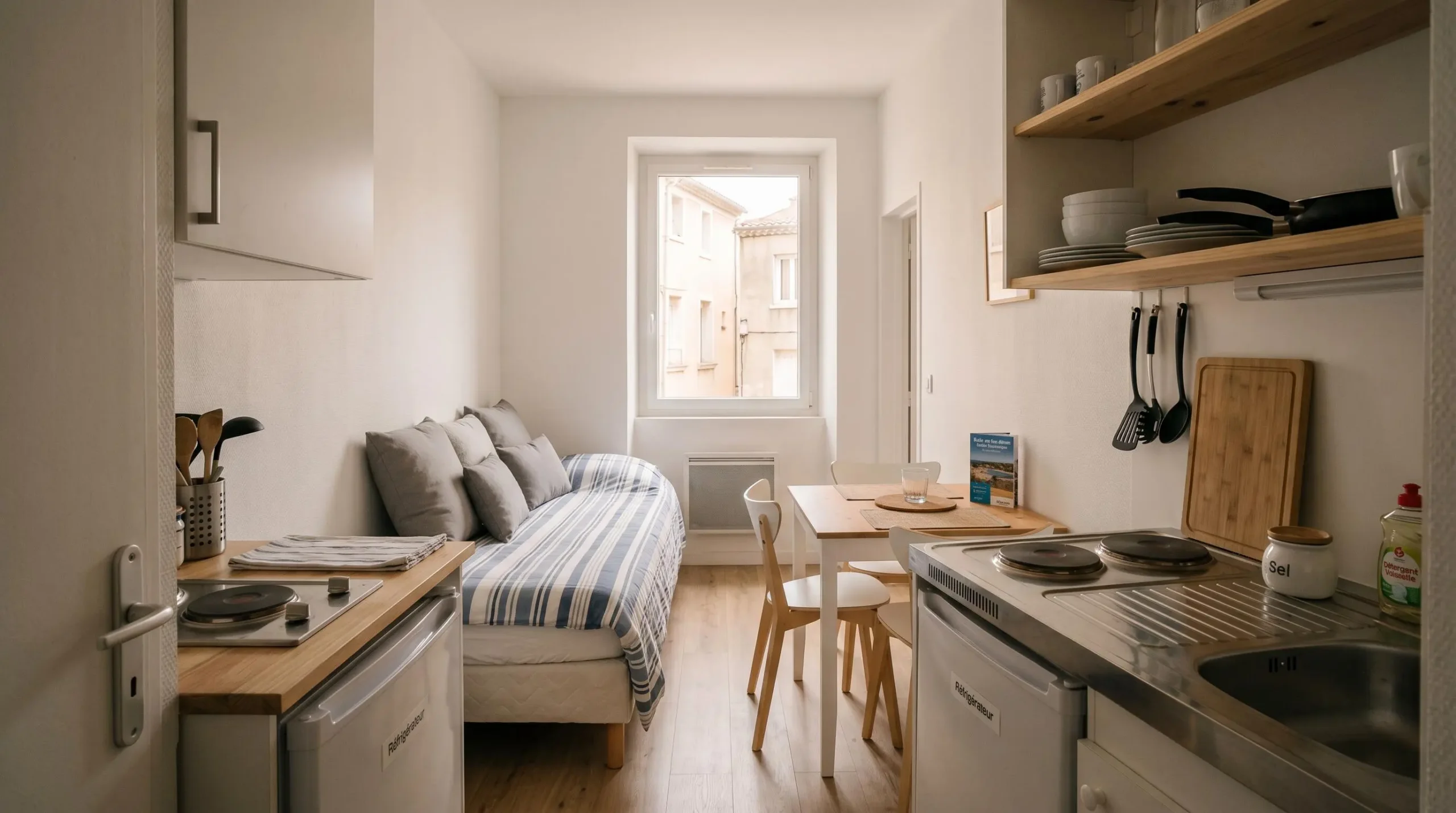 Intérieur d'un studio meublé de tourisme de 20 m² à Balaruc-les-Bains avec coin cuisine équipé, lit et table, décoration épurée tons clairs et lumière naturelle