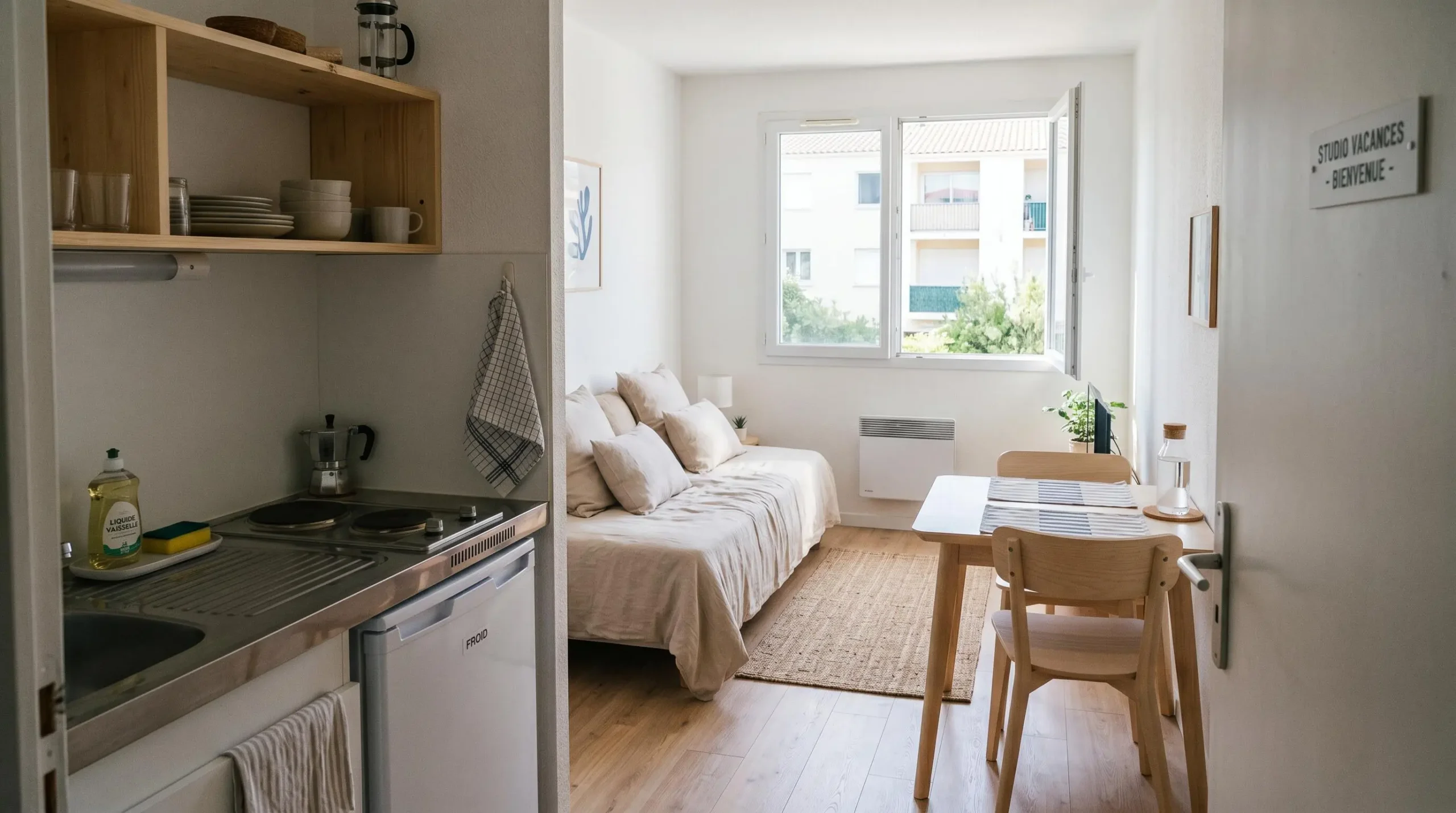 Intérieur d'un studio meublé de tourisme de 20 m² à Balaruc-les-Bains avec coin cuisine équipé, lit et table, décoration épurée tons clairs et lumière naturelle