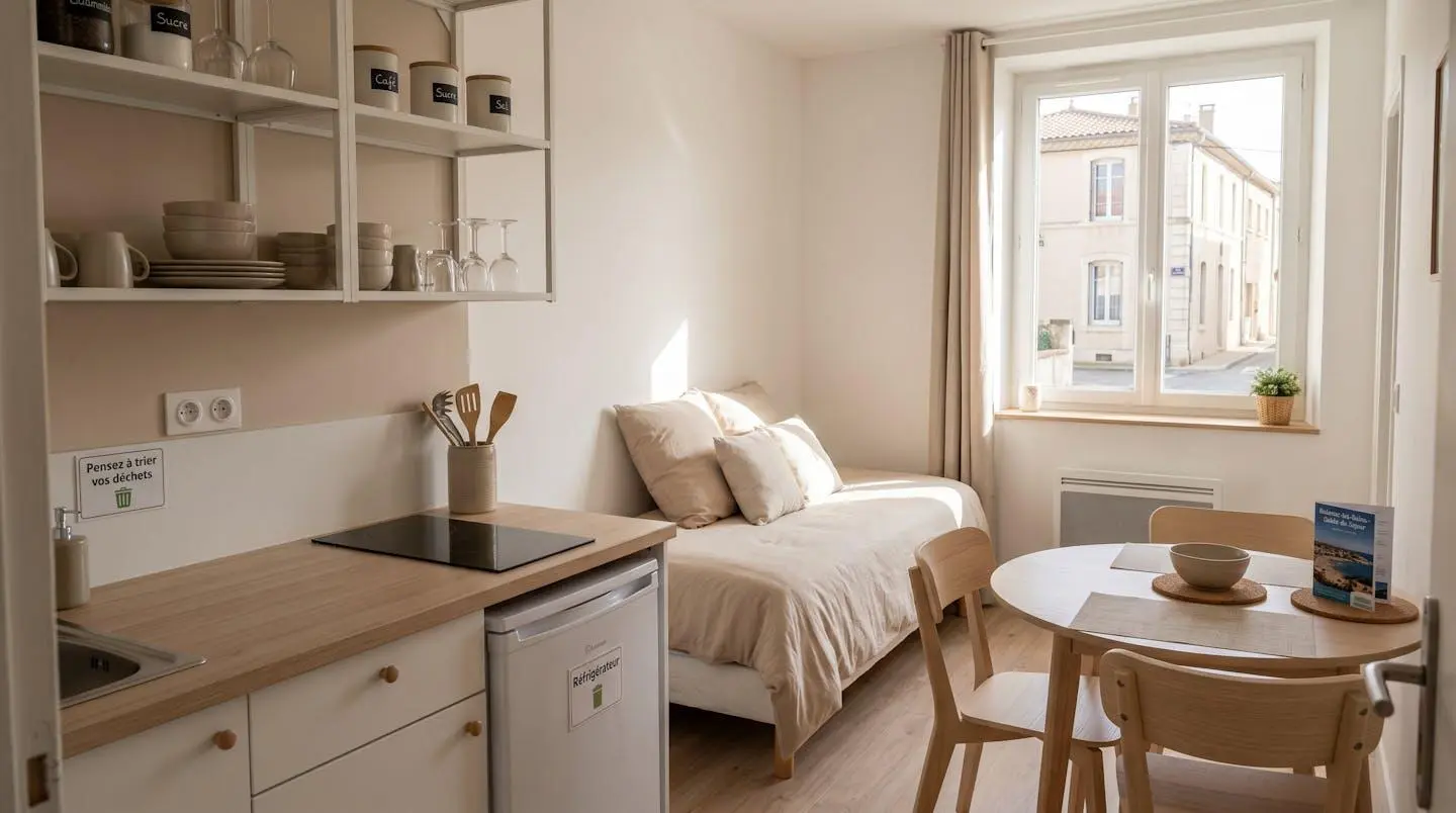 Intérieur d'un studio meublé de tourisme de 20 m² à Balaruc-les-Bains avec coin cuisine équipé, lit et table, décoration épurée tons clairs et lumière naturelle