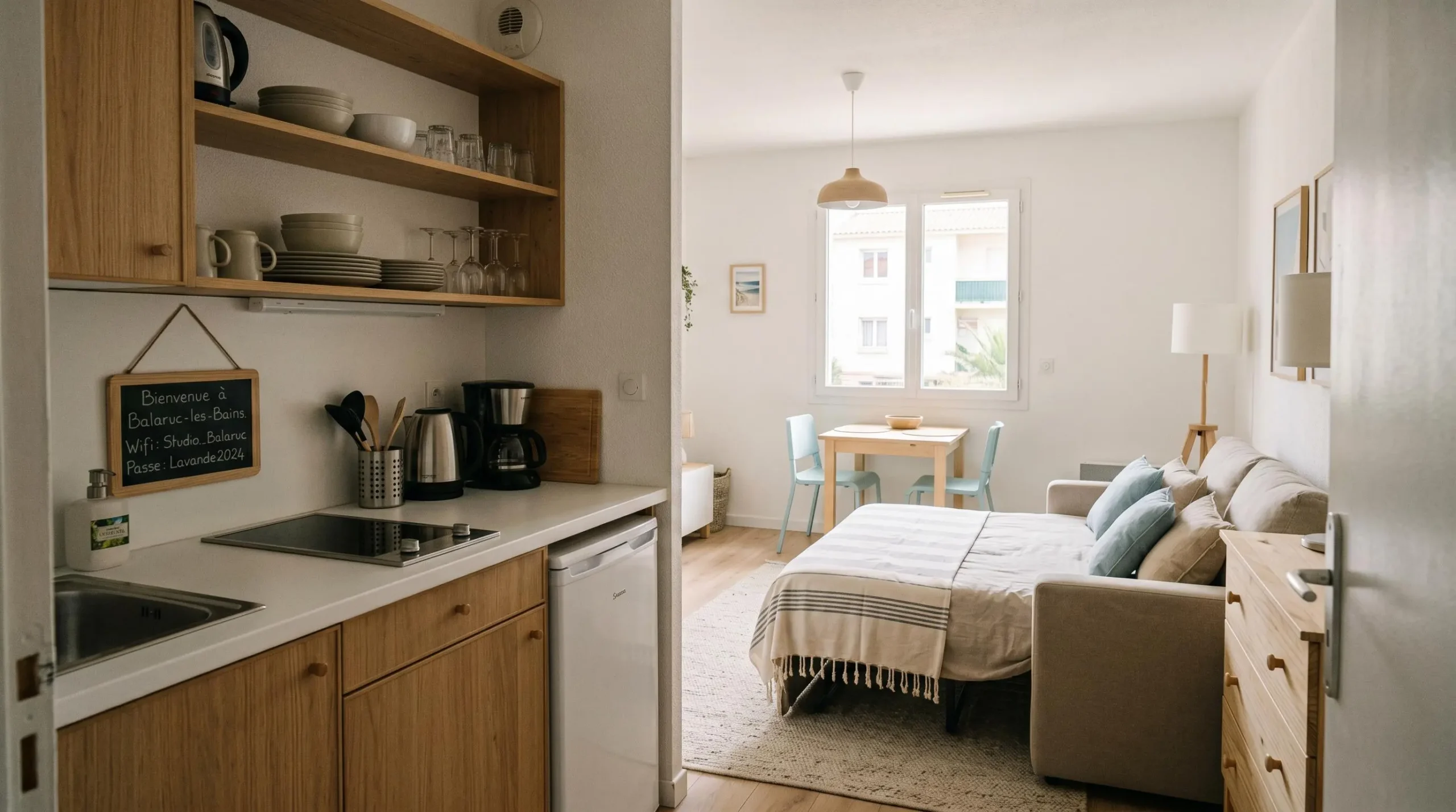 Intérieur d'un studio meublé de tourisme de 20 m² à Balaruc-les-Bains avec coin cuisine équipé, lit et table, décoration épurée tons clairs et lumière naturelle