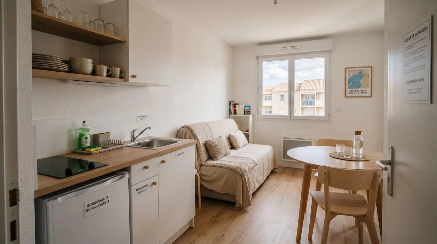 Intérieur d'un studio meublé de tourisme de 20 m² à Balaruc-les-Bains avec coin cuisine équipé, lit et table, décoration épurée tons clairs et lumière naturelle