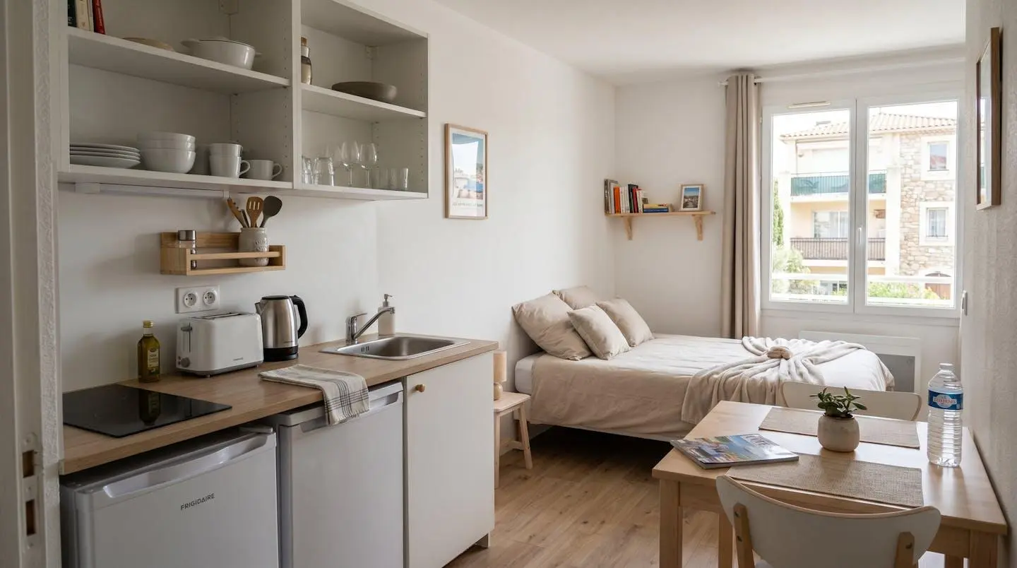 Intérieur d'un studio meublé de tourisme de 20 m² à Balaruc-les-Bains avec coin cuisine équipé, lit et table, décoration épurée tons clairs et lumière naturelle