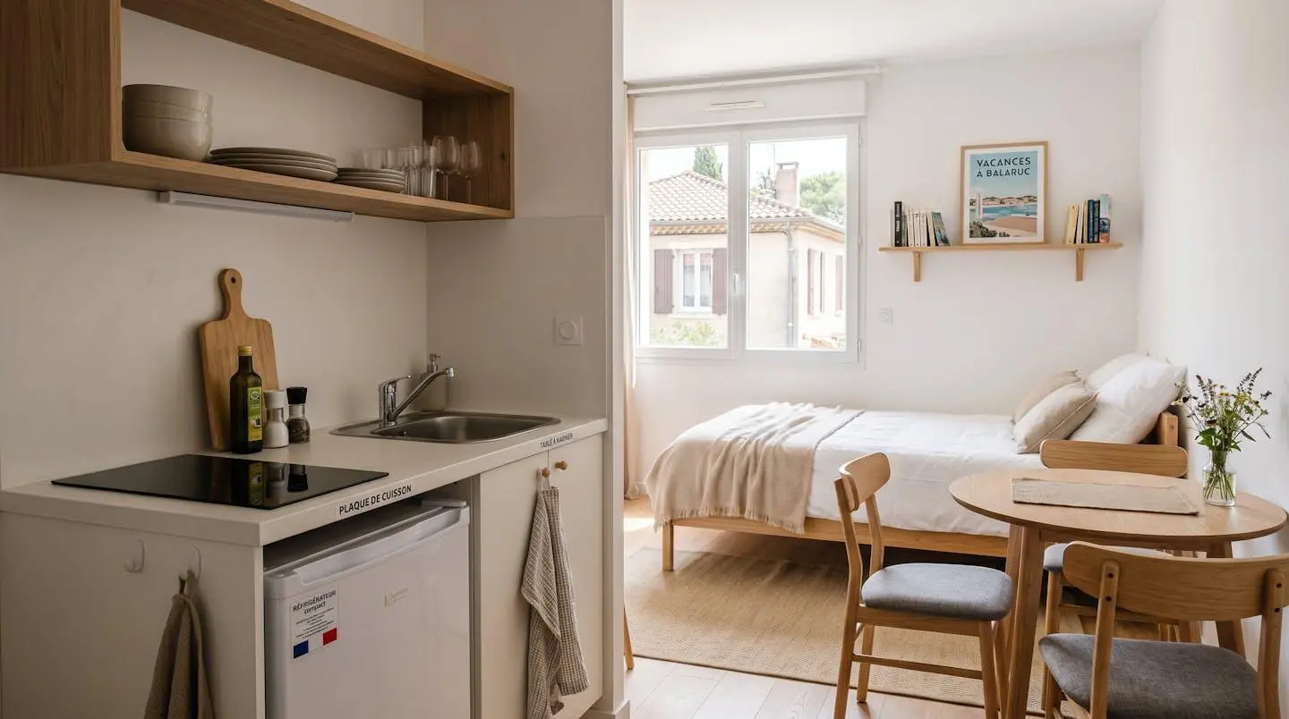 Intérieur d'un studio meublé de tourisme de 20 m² à Balaruc-les-Bains avec coin cuisine équipé, lit et table, décoration épurée tons clairs et lumière naturelle