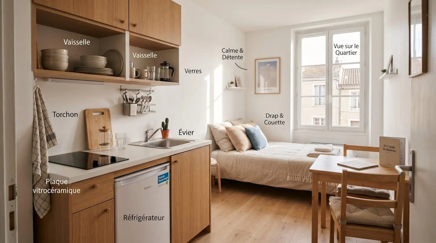 Intérieur d'un studio meublé de tourisme de 20 m² à Balaruc-les-Bains avec coin cuisine équipé, lit et table, décoration épurée tons clairs et lumière naturelle