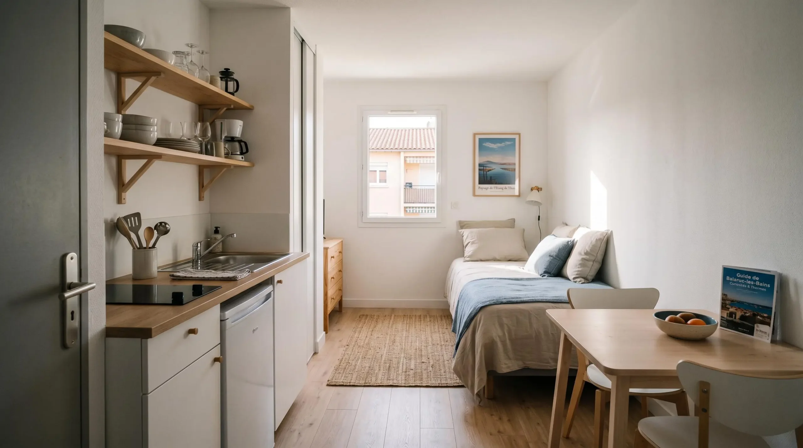 Intérieur d'un studio meublé de tourisme de 20 m² à Balaruc-les-Bains avec coin cuisine équipé, lit et table, décoration épurée tons clairs et lumière naturelle