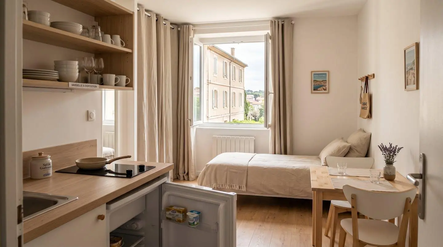 Intérieur d'un studio meublé de tourisme de 20 m² à Balaruc-les-Bains avec coin cuisine équipé, lit et table, décoration épurée tons clairs et lumière naturelle