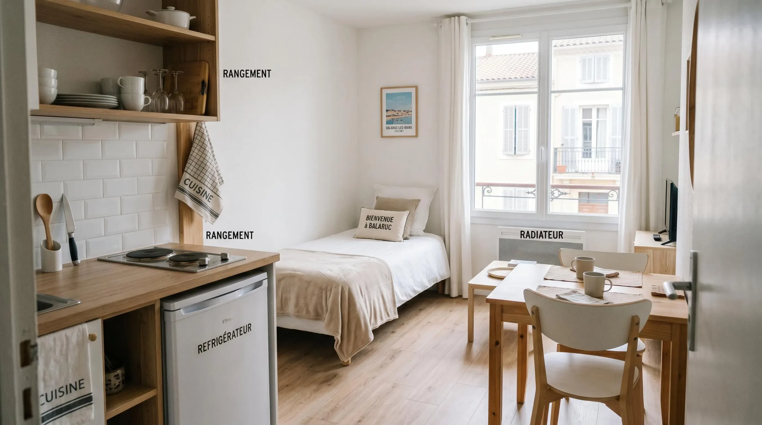 Intérieur d'un studio meublé de tourisme de 20 m² à Balaruc-les-Bains avec coin cuisine équipé, lit et table, décoration épurée tons clairs et lumière naturelle