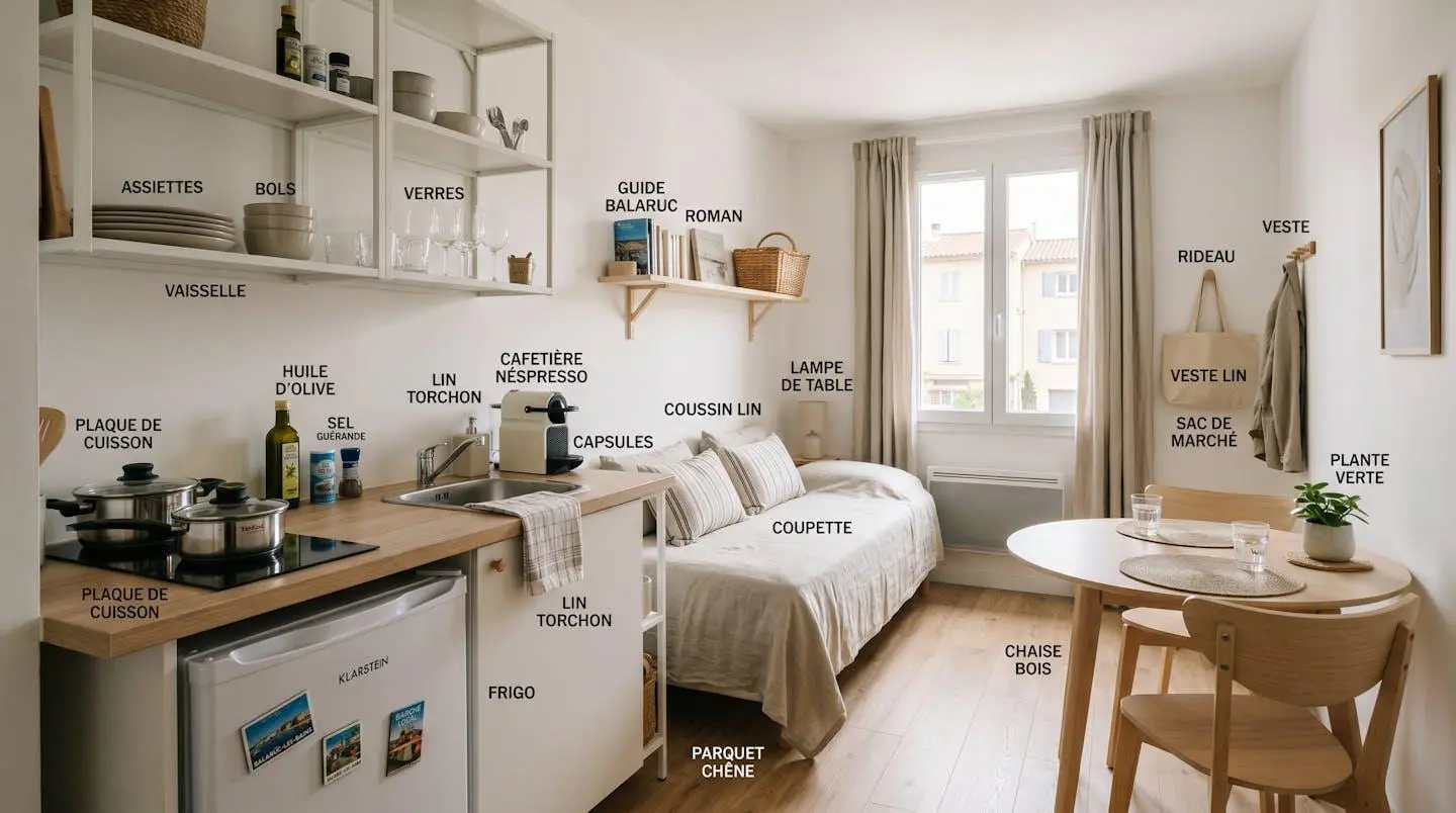 Intérieur d'un studio meublé de tourisme de 20 m² à Balaruc-les-Bains avec coin cuisine équipé, lit et table, décoration épurée tons clairs et lumière naturelle