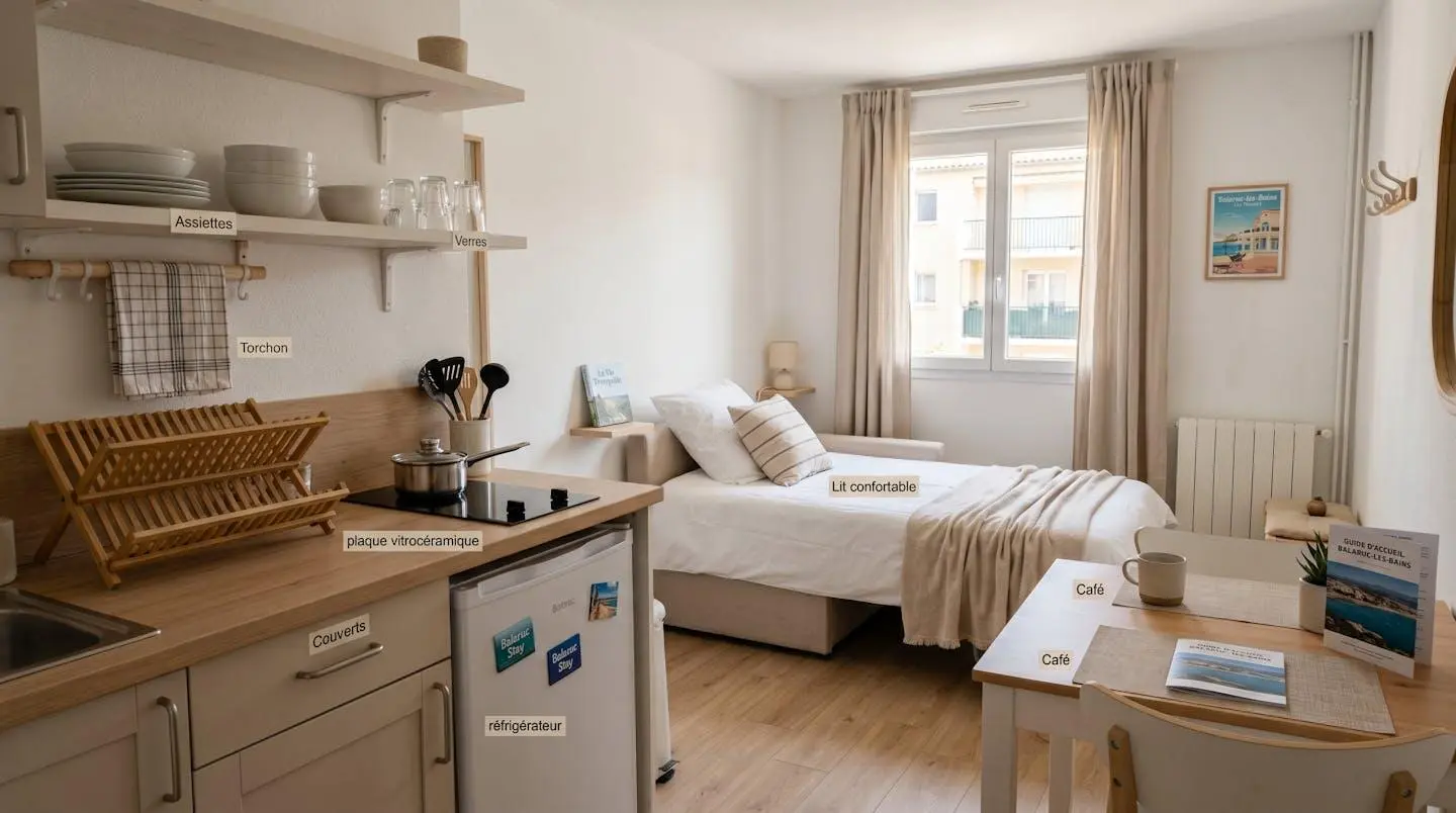 Intérieur d'un studio meublé de tourisme de 20 m² à Balaruc-les-Bains avec coin cuisine équipé, lit et table, décoration épurée tons clairs et lumière naturelle