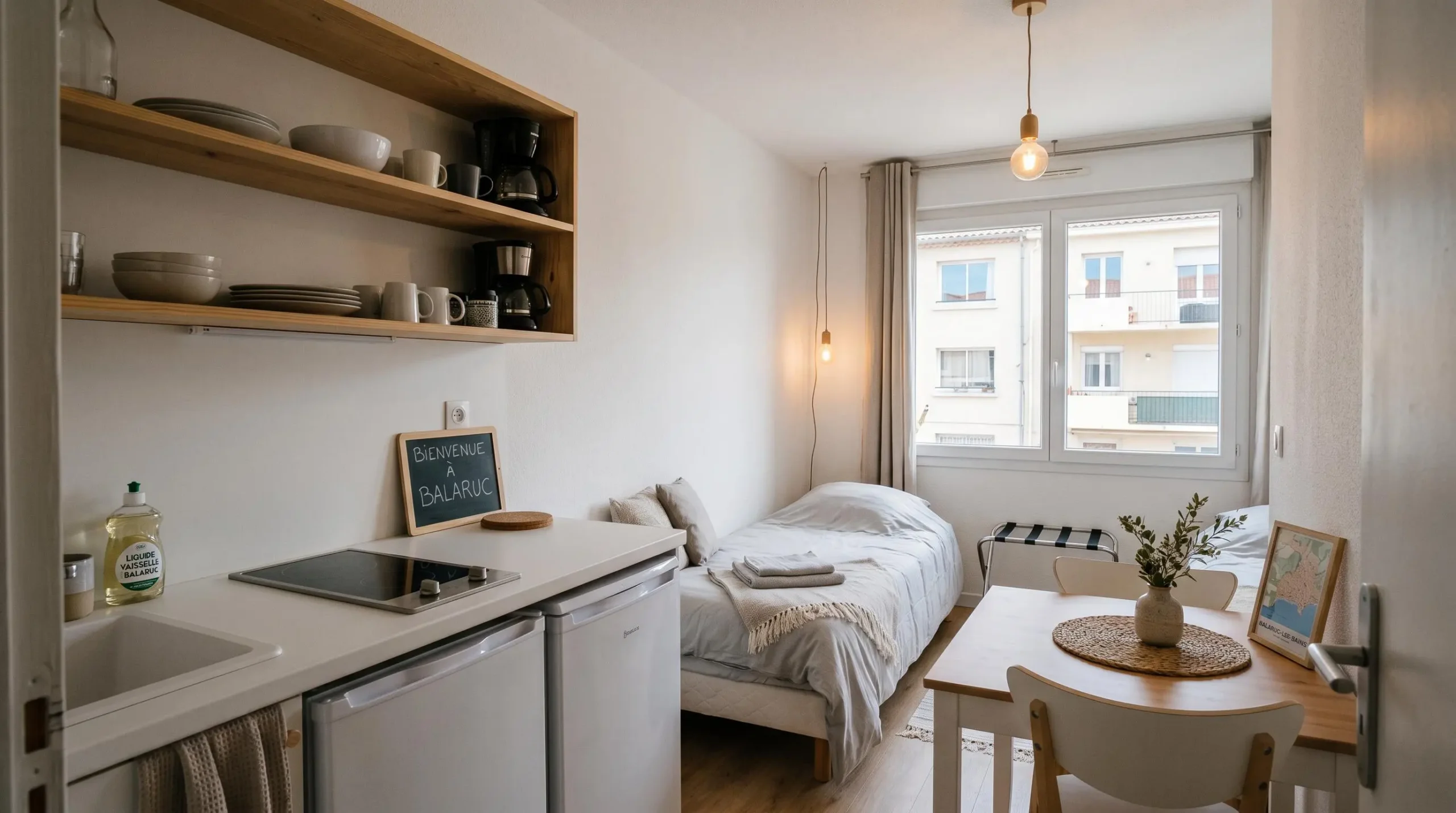 Intérieur d'un studio meublé de tourisme de 20 m² à Balaruc-les-Bains avec coin cuisine équipé, lit et table, décoration épurée tons clairs et lumière naturelle