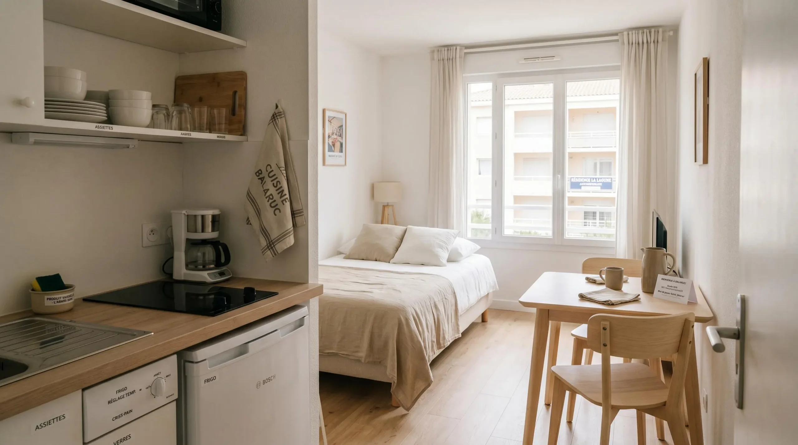 Intérieur d'un studio meublé de tourisme de 20 m² à Balaruc-les-Bains avec coin cuisine équipé, lit et table, décoration épurée tons clairs et lumière naturelle