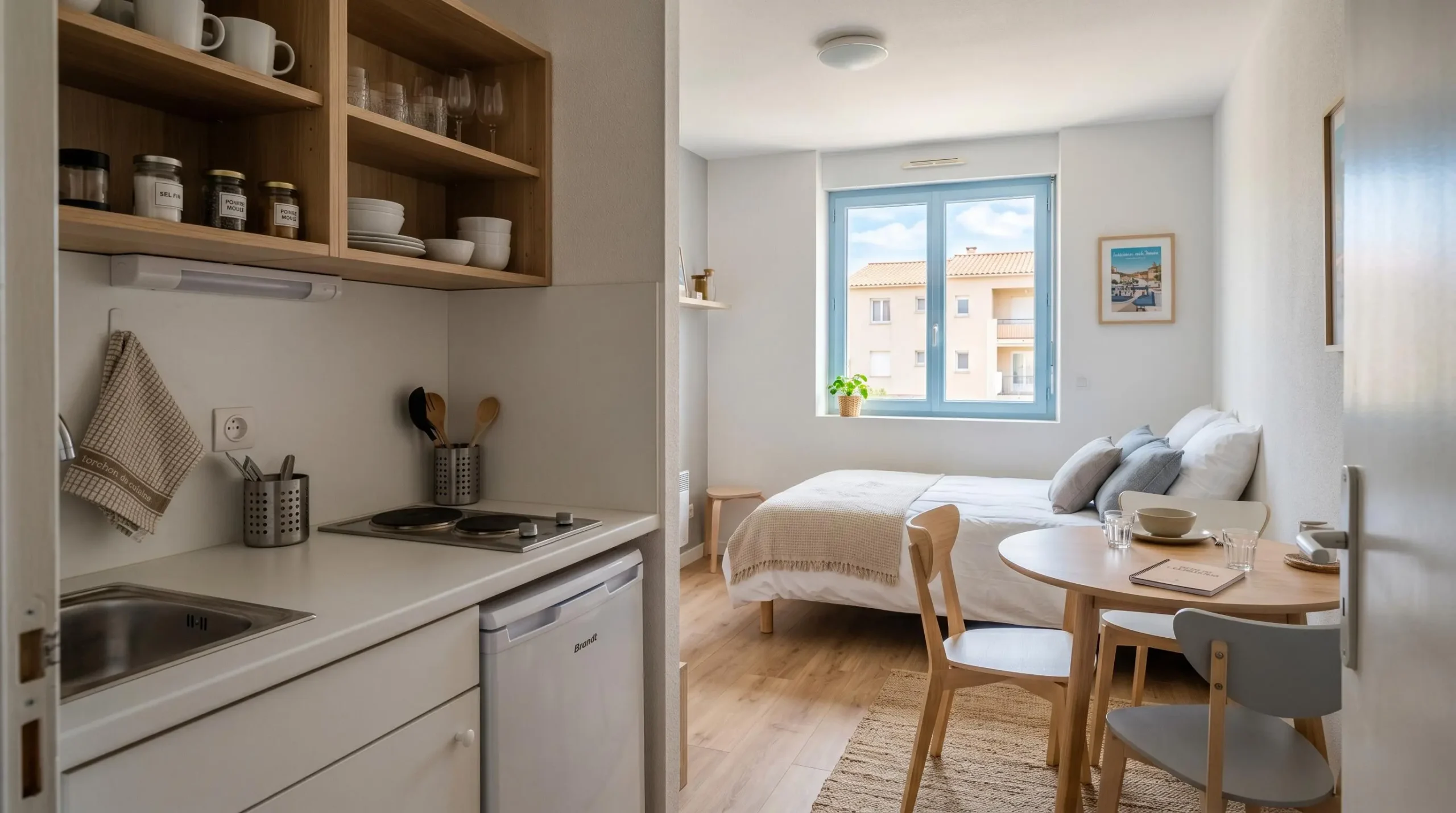 Intérieur d'un studio meublé de tourisme de 20 m² à Balaruc-les-Bains avec coin cuisine équipé, lit et table, décoration épurée tons clairs et lumière naturelle