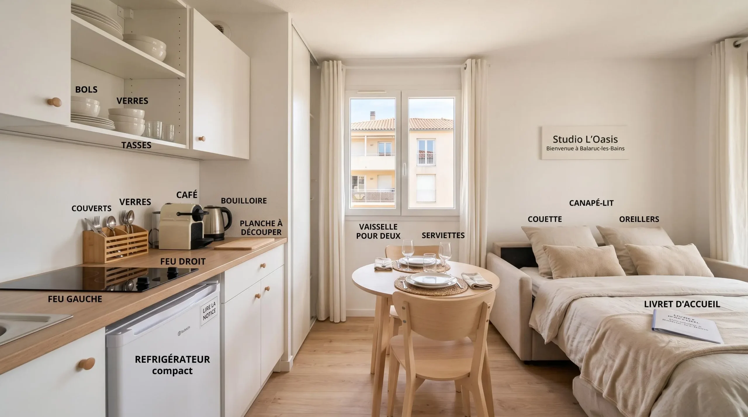 Intérieur d'un studio meublé de tourisme de 20 m² à Balaruc-les-Bains avec coin cuisine équipé, lit et table, décoration épurée tons clairs et lumière naturelle