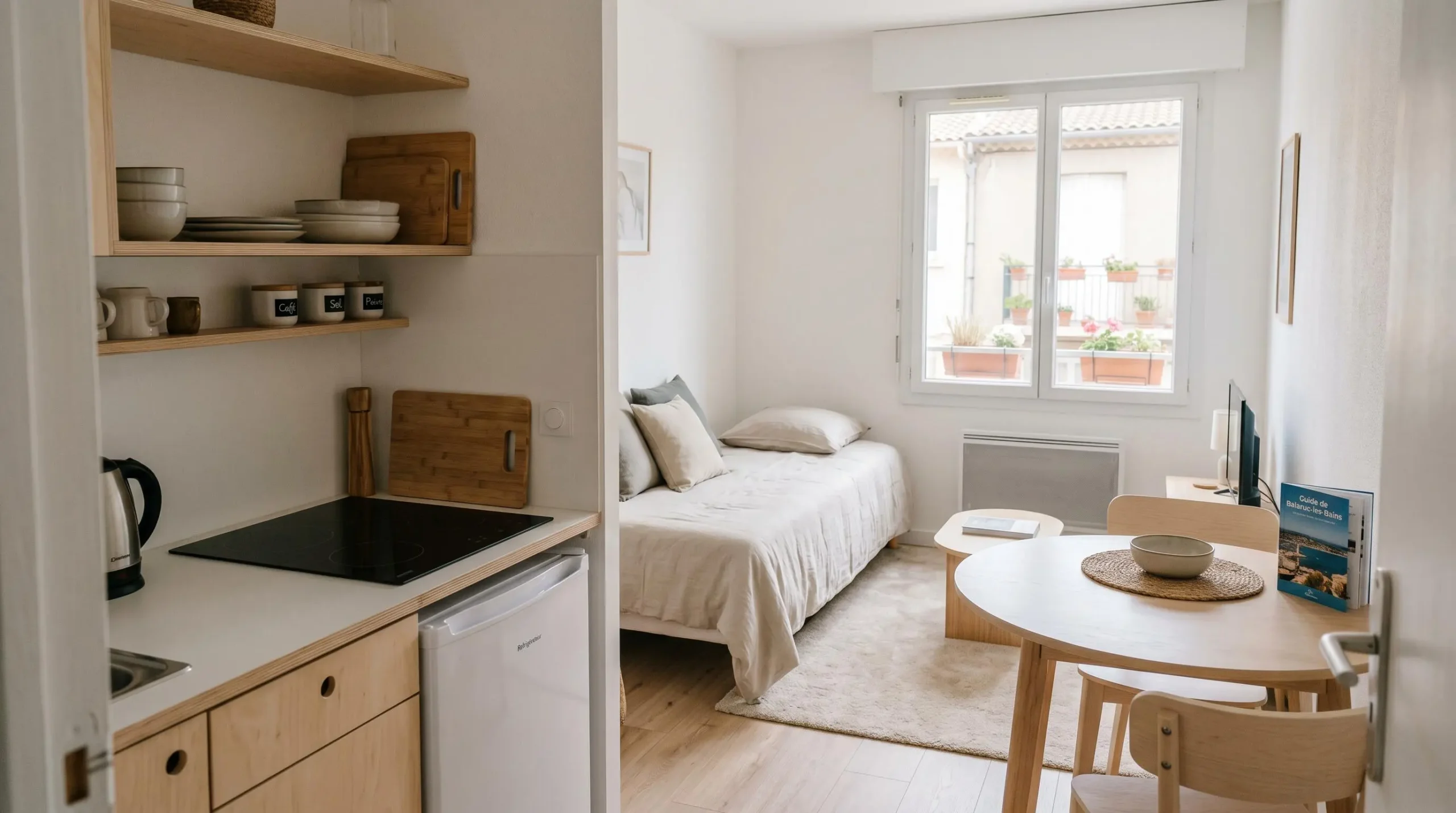 Intérieur d'un studio meublé de tourisme de 20 m² à Balaruc-les-Bains avec coin cuisine équipé, lit et table, décoration épurée tons clairs et lumière naturelle
