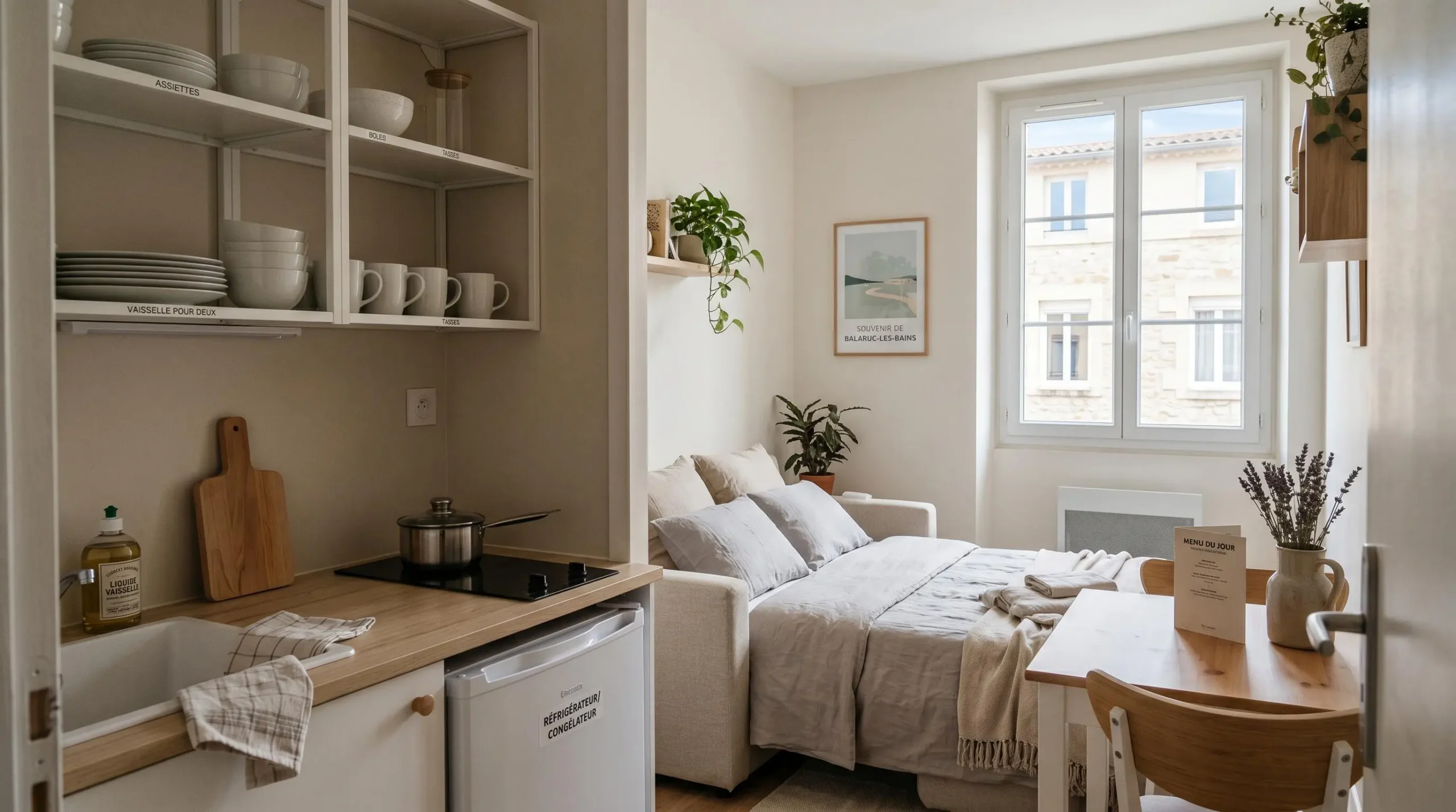 Intérieur d'un studio meublé de tourisme de 20 m² à Balaruc-les-Bains avec coin cuisine équipé, lit et table, décoration épurée tons clairs et lumière naturelle