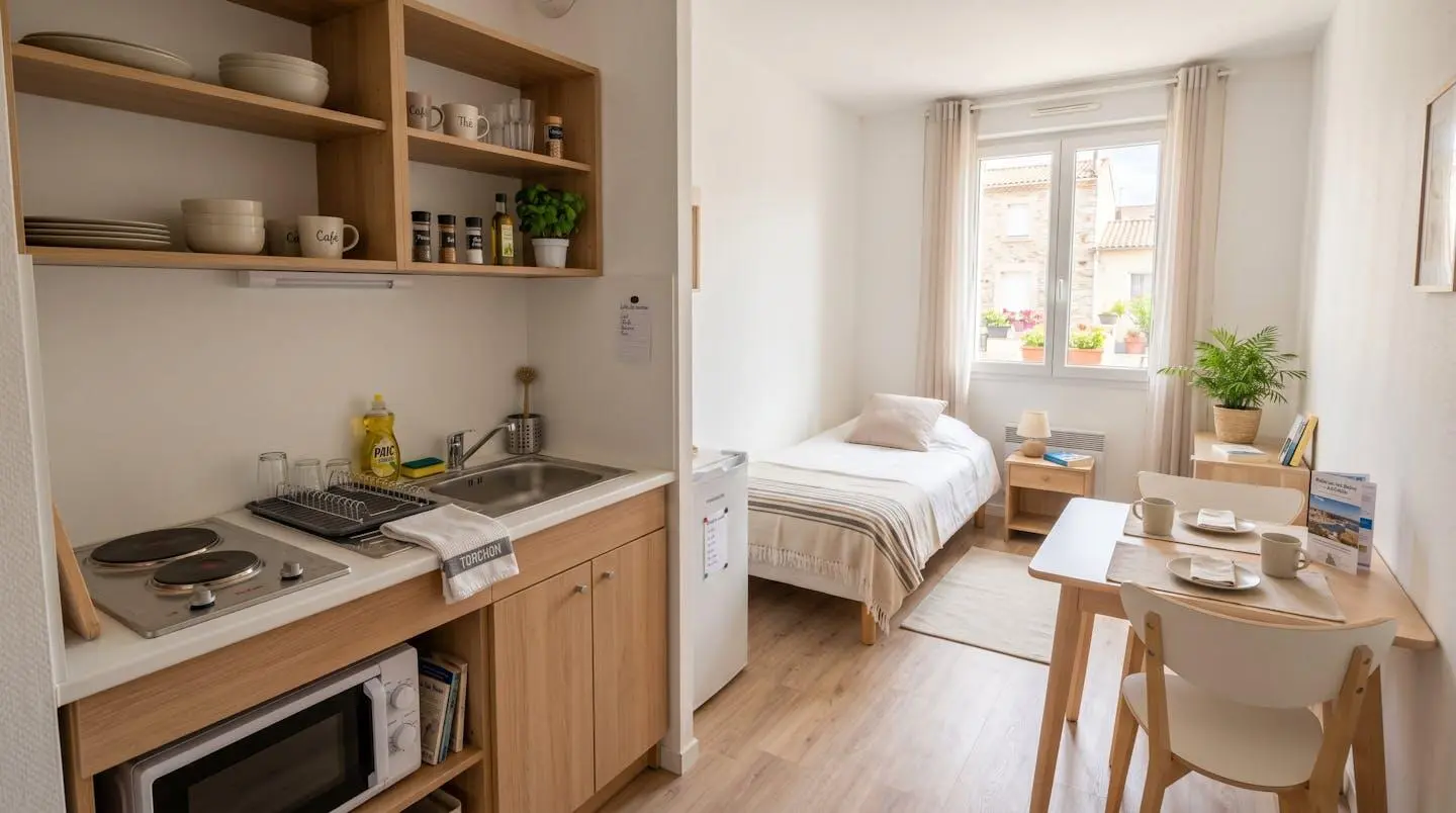 Intérieur d'un studio meublé de tourisme de 20 m² à Balaruc-les-Bains avec coin cuisine équipé, lit et table, décoration épurée tons clairs et lumière naturelle