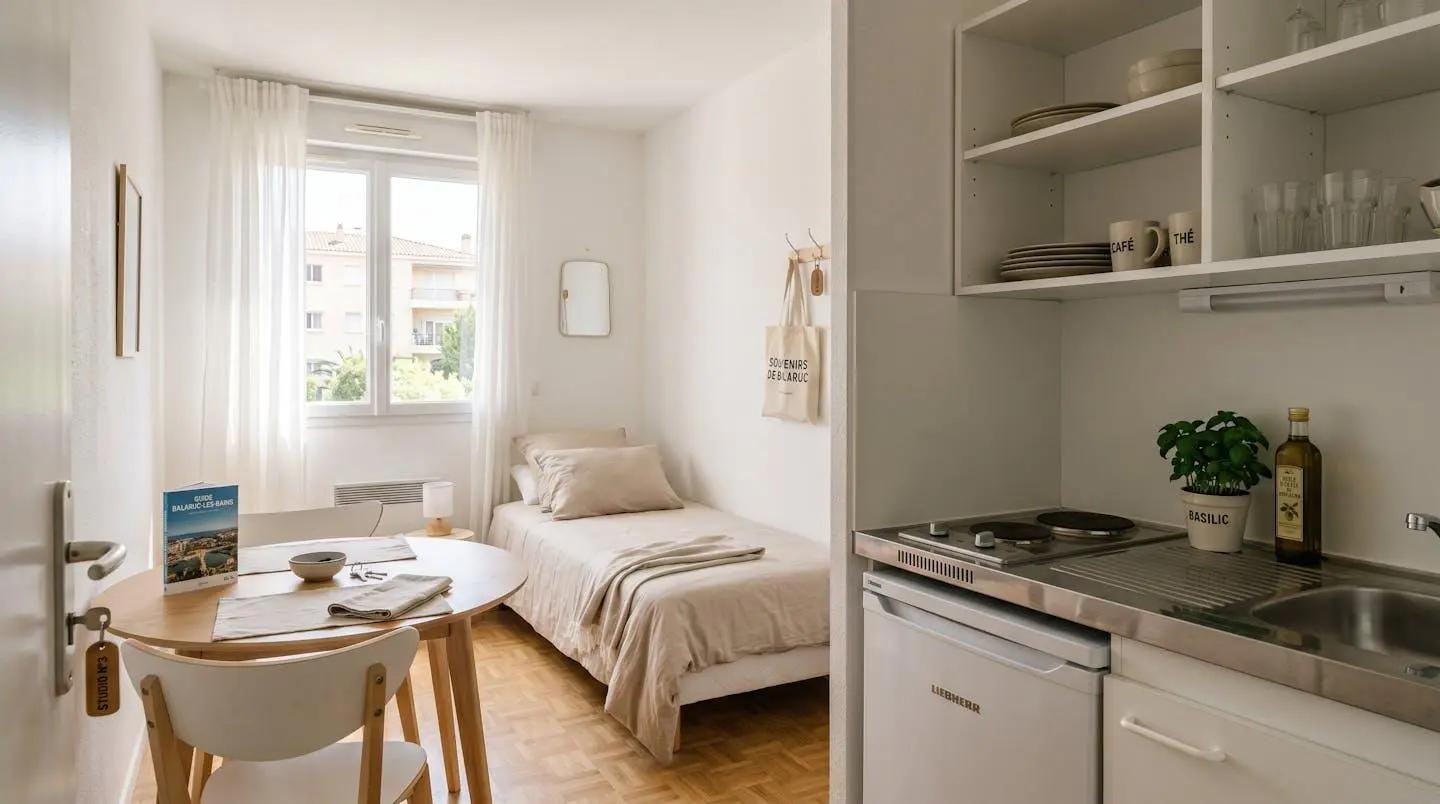 Intérieur d'un studio meublé de tourisme de 20 m² à Balaruc-les-Bains avec coin cuisine équipé, lit et table, décoration épurée tons clairs et lumière naturelle