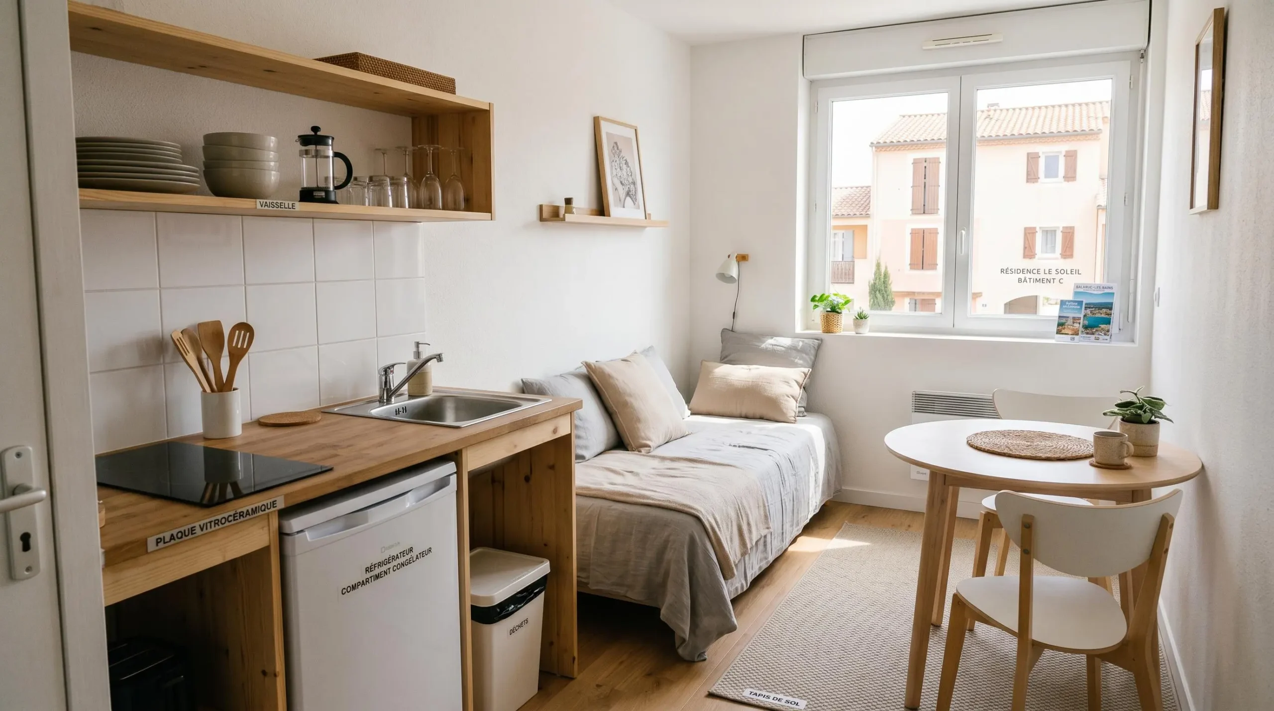 Intérieur d'un studio meublé de tourisme de 20 m² à Balaruc-les-Bains avec coin cuisine équipé, lit et table, décoration épurée tons clairs et lumière naturelle