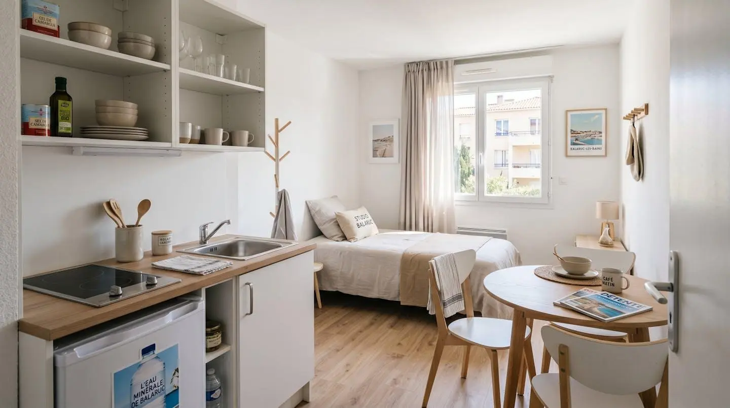 Intérieur d'un studio meublé de tourisme de 20 m² à Balaruc-les-Bains avec coin cuisine équipé, lit et table, décoration épurée tons clairs et lumière naturelle