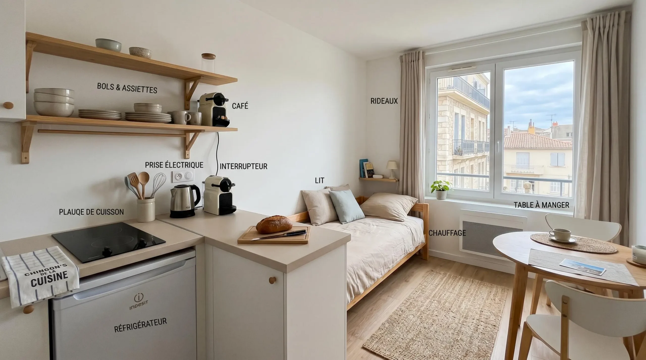 Intérieur d'un studio meublé de tourisme de 20 m² à Balaruc-les-Bains avec coin cuisine équipé, lit et table, décoration épurée tons clairs et lumière naturelle