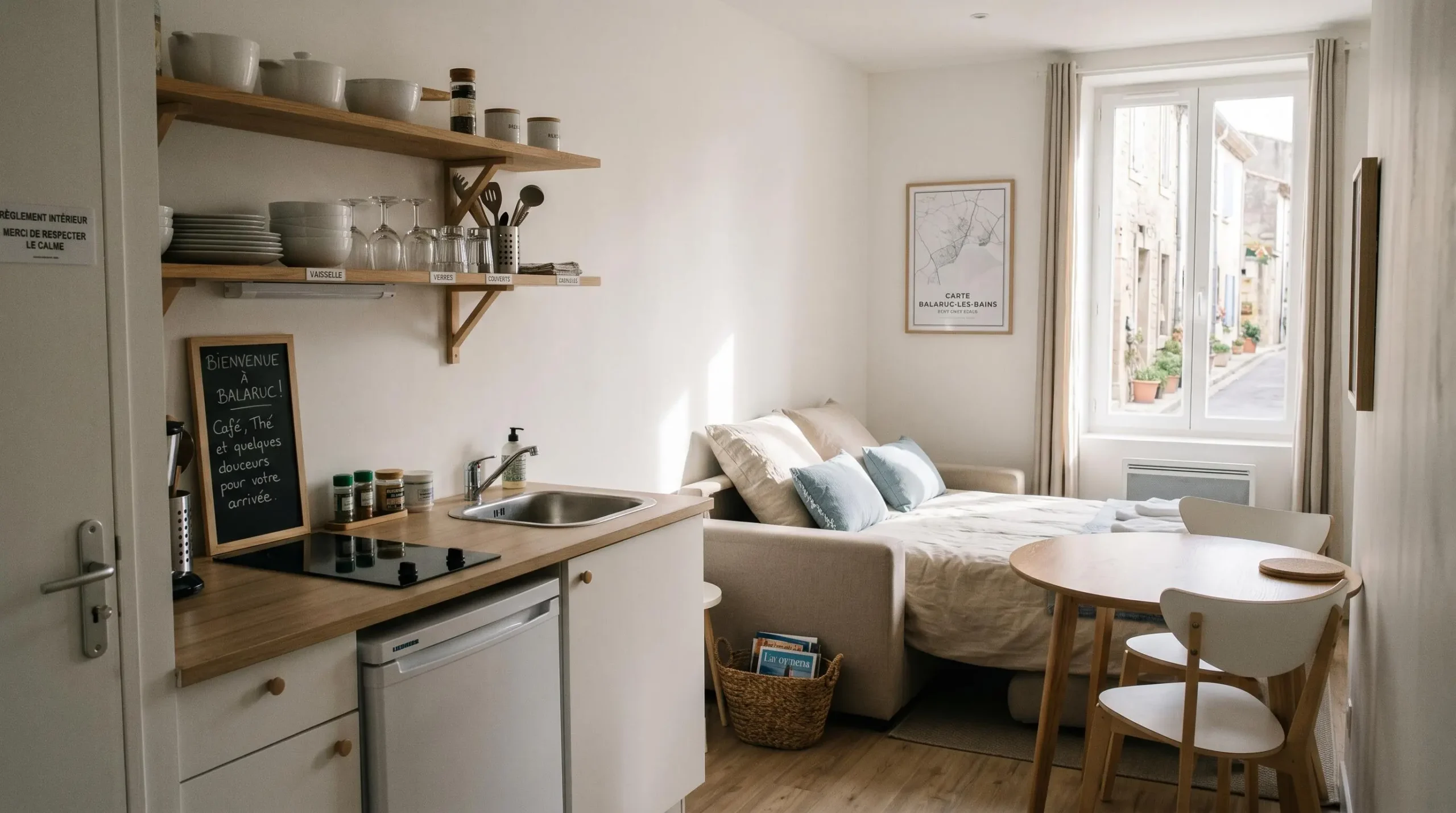 Intérieur d'un studio meublé de tourisme de 20 m² à Balaruc-les-Bains avec coin cuisine équipé, lit et table, décoration épurée tons clairs et lumière naturelle